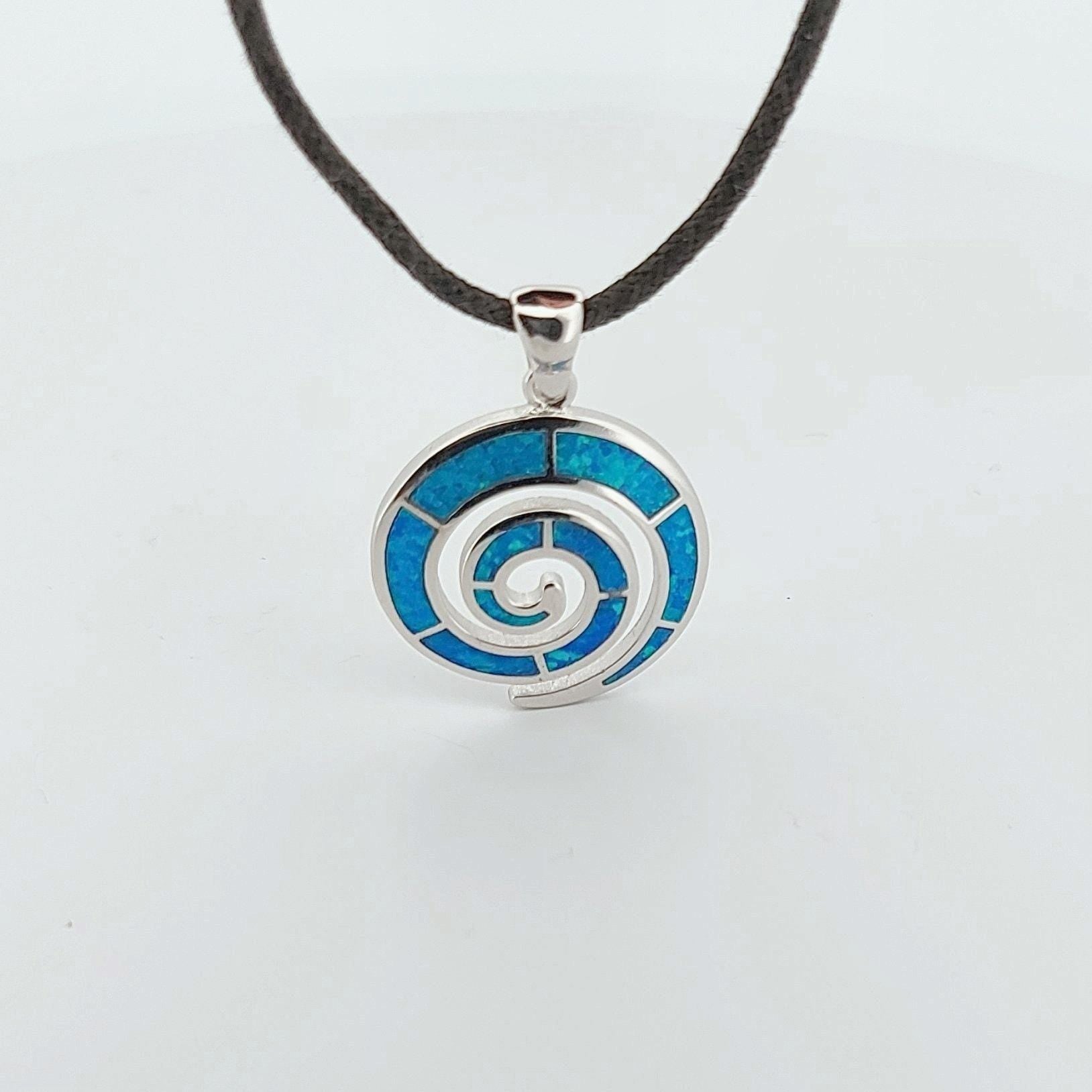 Sterling Silver Blue Opal Spiral Pendant: Greek Key Design