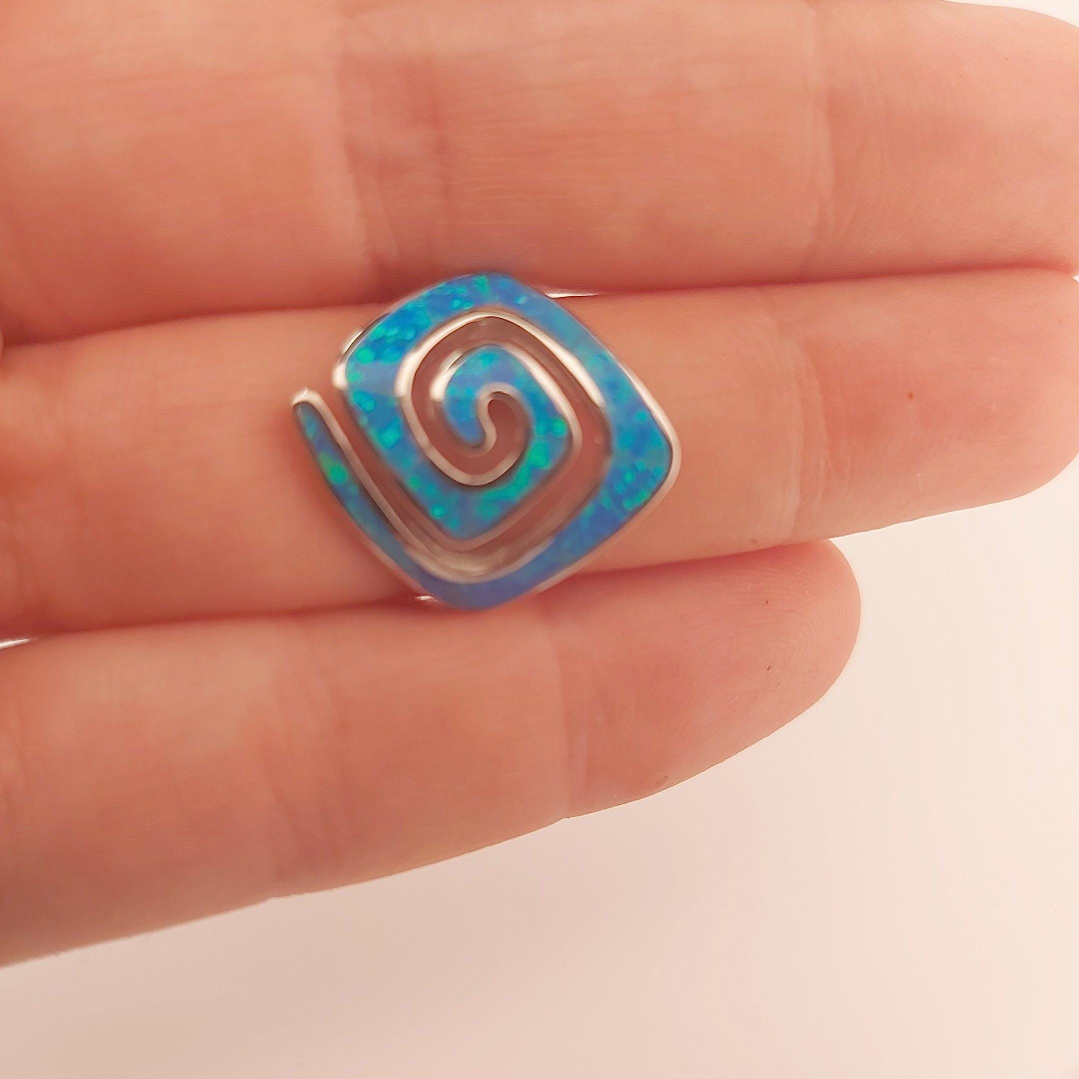 Blue Opal Rhombus Ring, Greek Key Meander Design, Sterling Silver