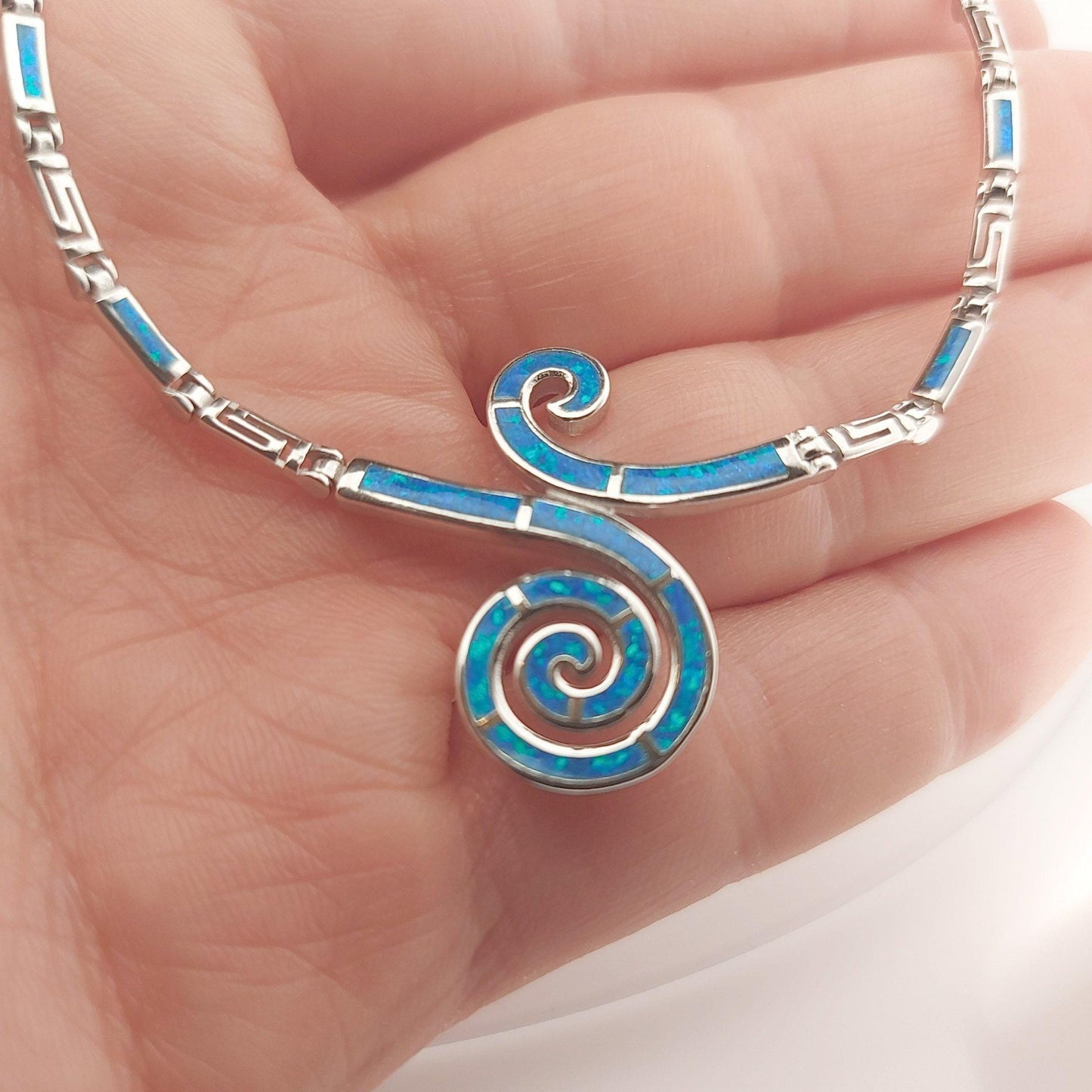 Blue Opal Sterling Silver Necklace, Spiral Meander Design