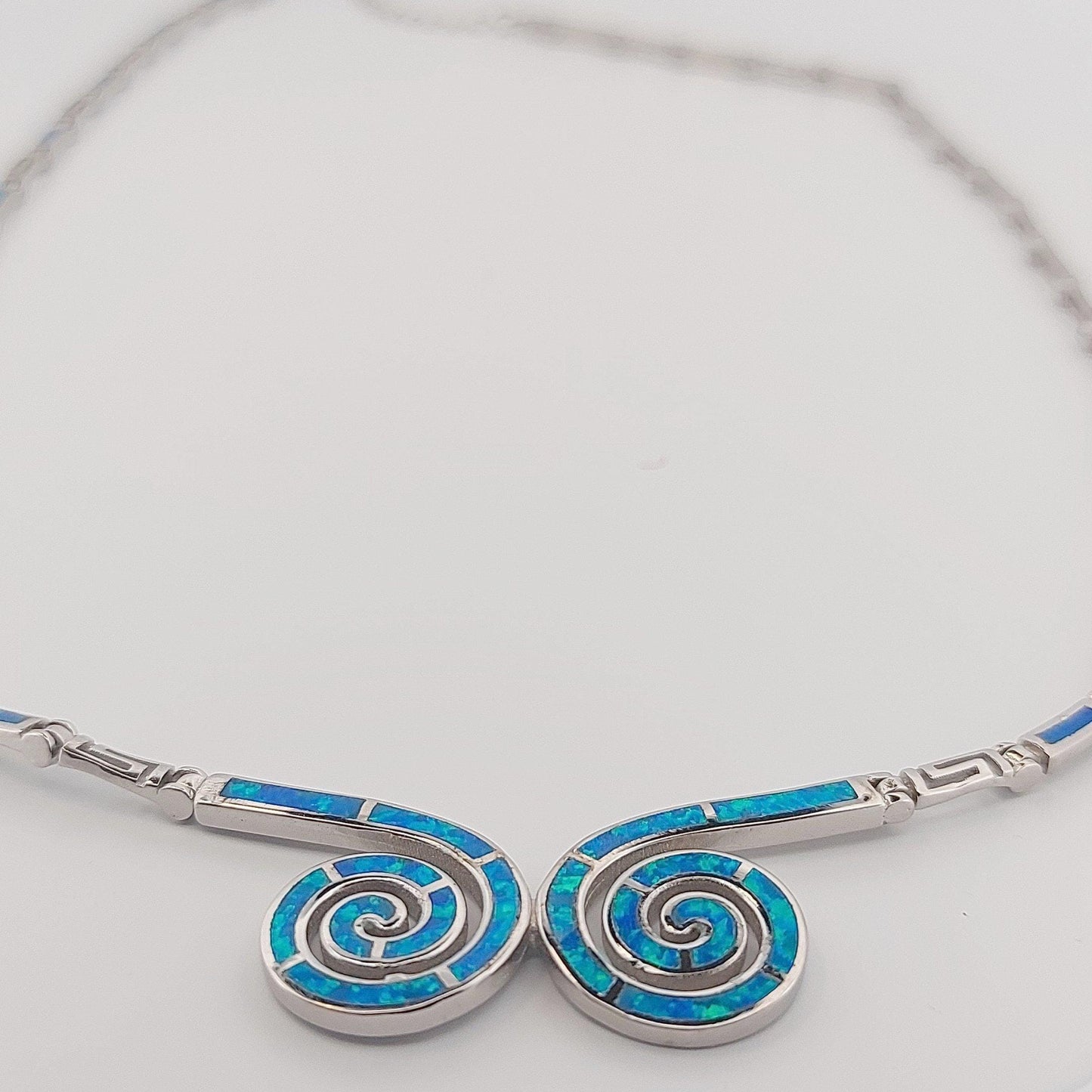 Blue Opal Double Spiral Necklace, Greek Key Meander Design
