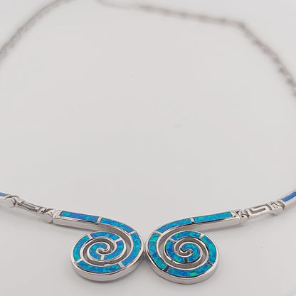 Blue Opal Double Spiral Necklace, Greek Key Meander Design