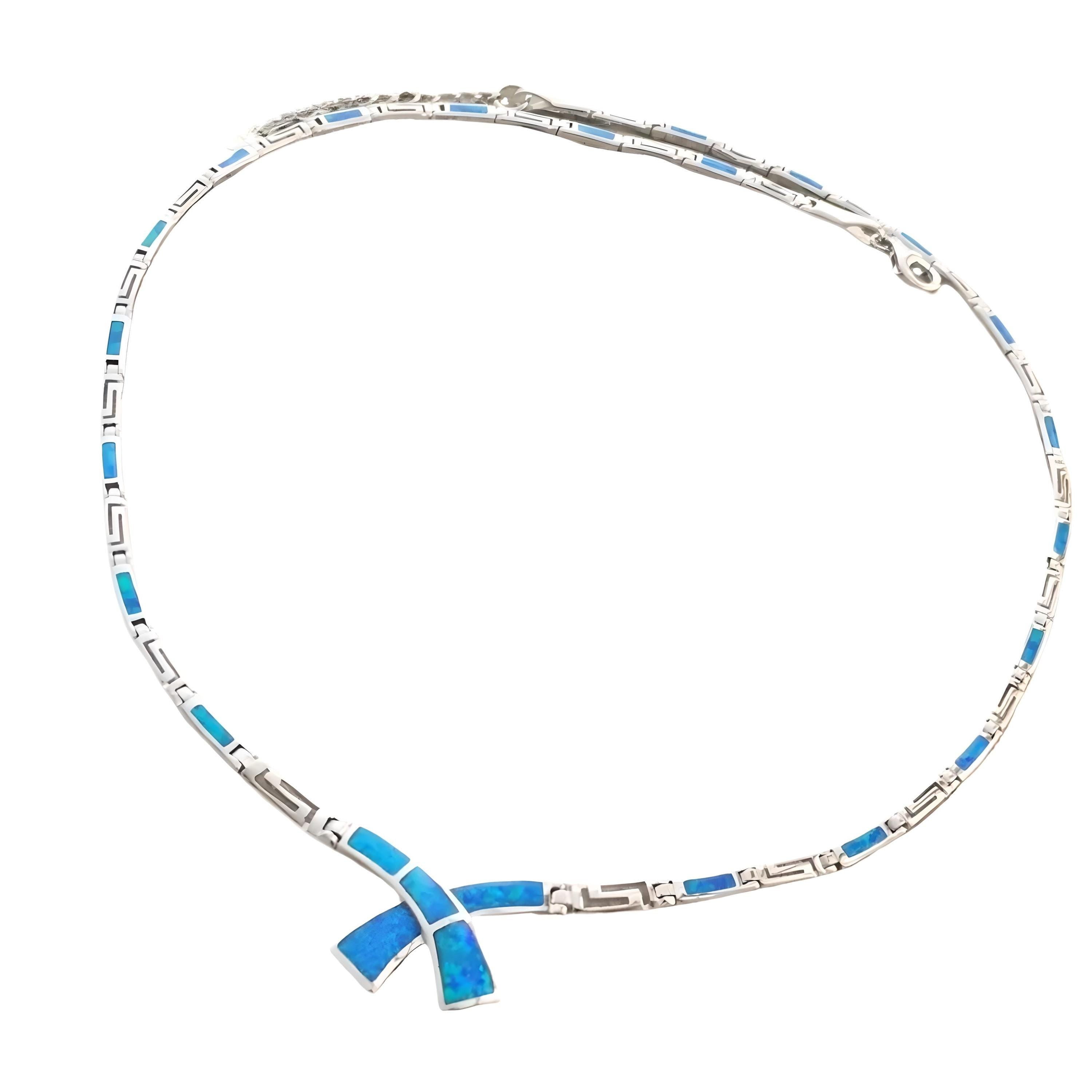 Silver Blue Opal Knot Greek Key Necklace, Meander Design