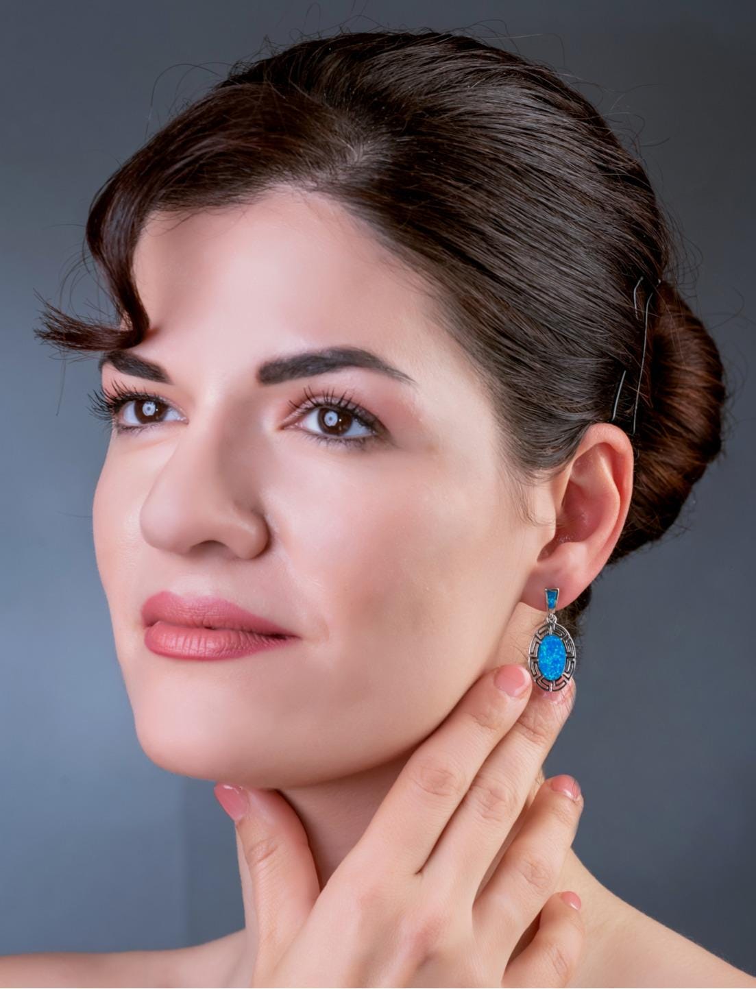 Greek Key Blue Opal Sterling Silver Dangle Earrings: Handmade in Greece