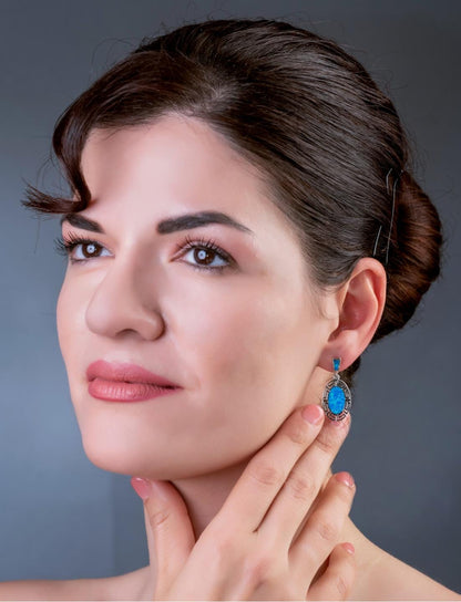 Greek Key Blue Opal Sterling Silver Dangle Earrings: Handmade in Greece