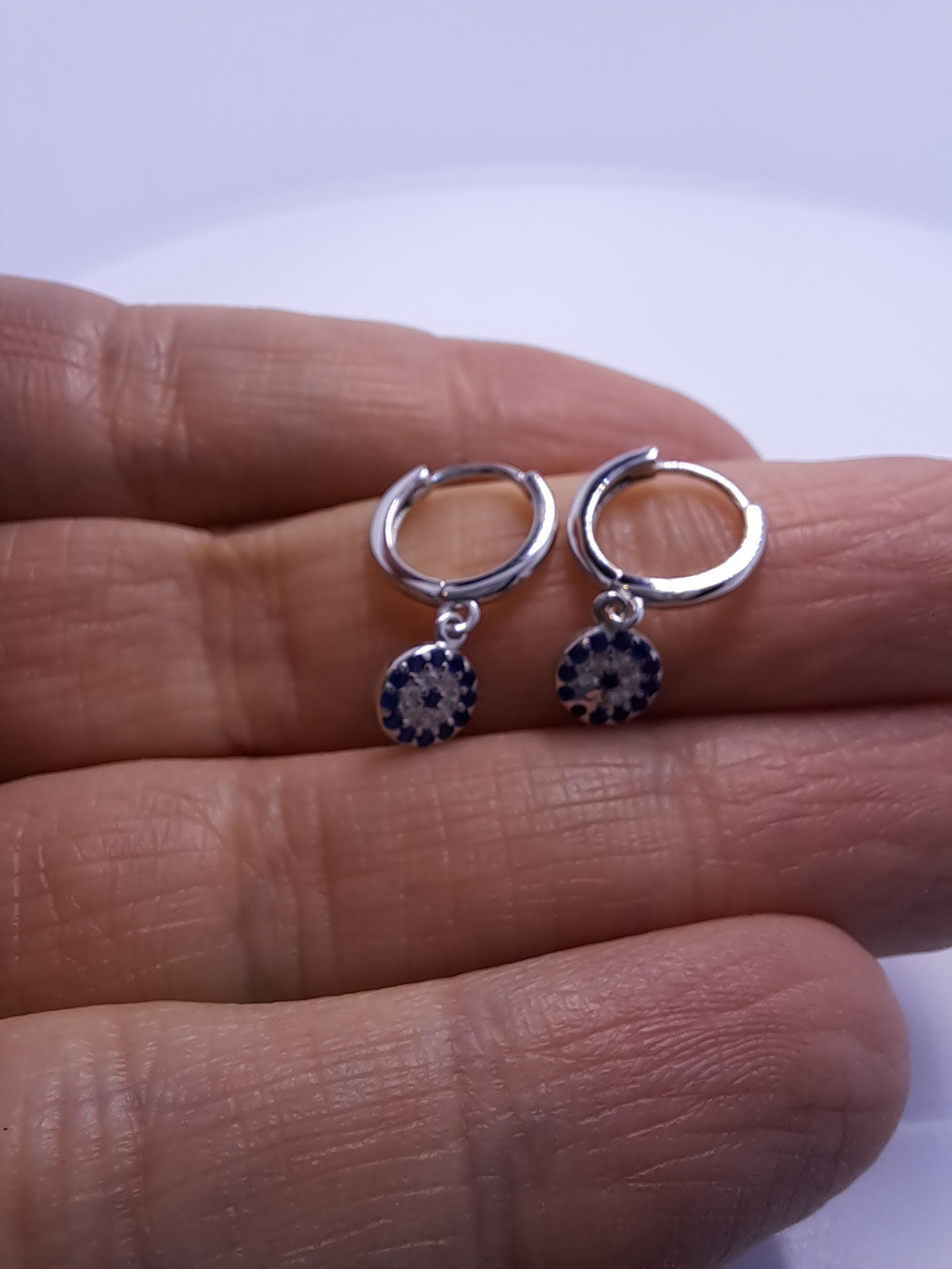 Evil Eye Hoop Earrings Sterling Silver With Blue White Zirconia Charm Hoops