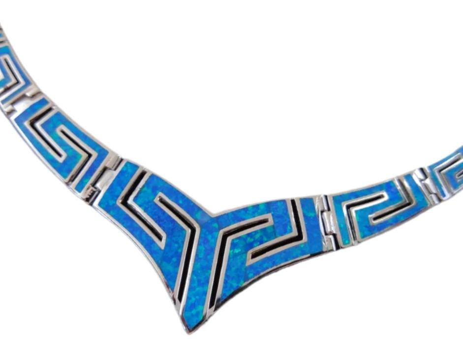 Sterling Silver Blue Opal Necklace, Greek Key V-Shape Meander Design