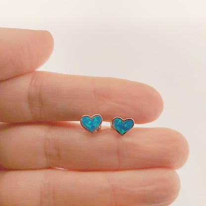 Blue Opal Heart Stud Earrings: Sterling Silver Greek Jewelry