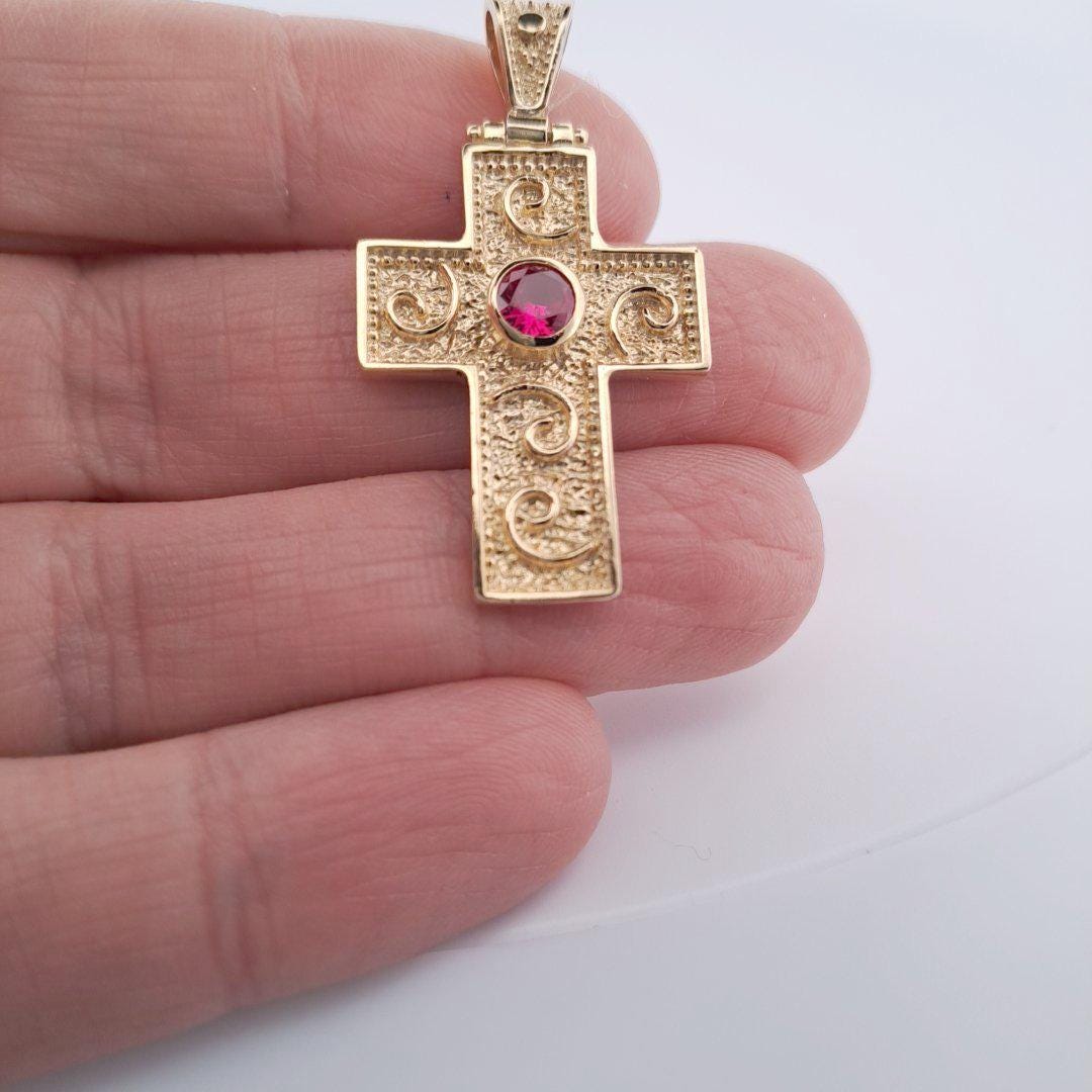 Gold Cross Pendant – Byzantine Cross With Red Gemstone | Ornate Greek Jewelry