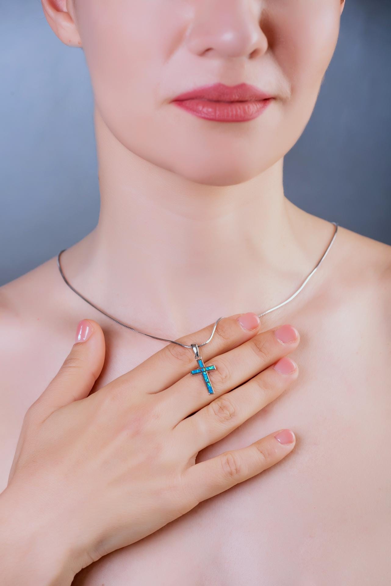Sterling Silver Blue Opal Cross Pendant