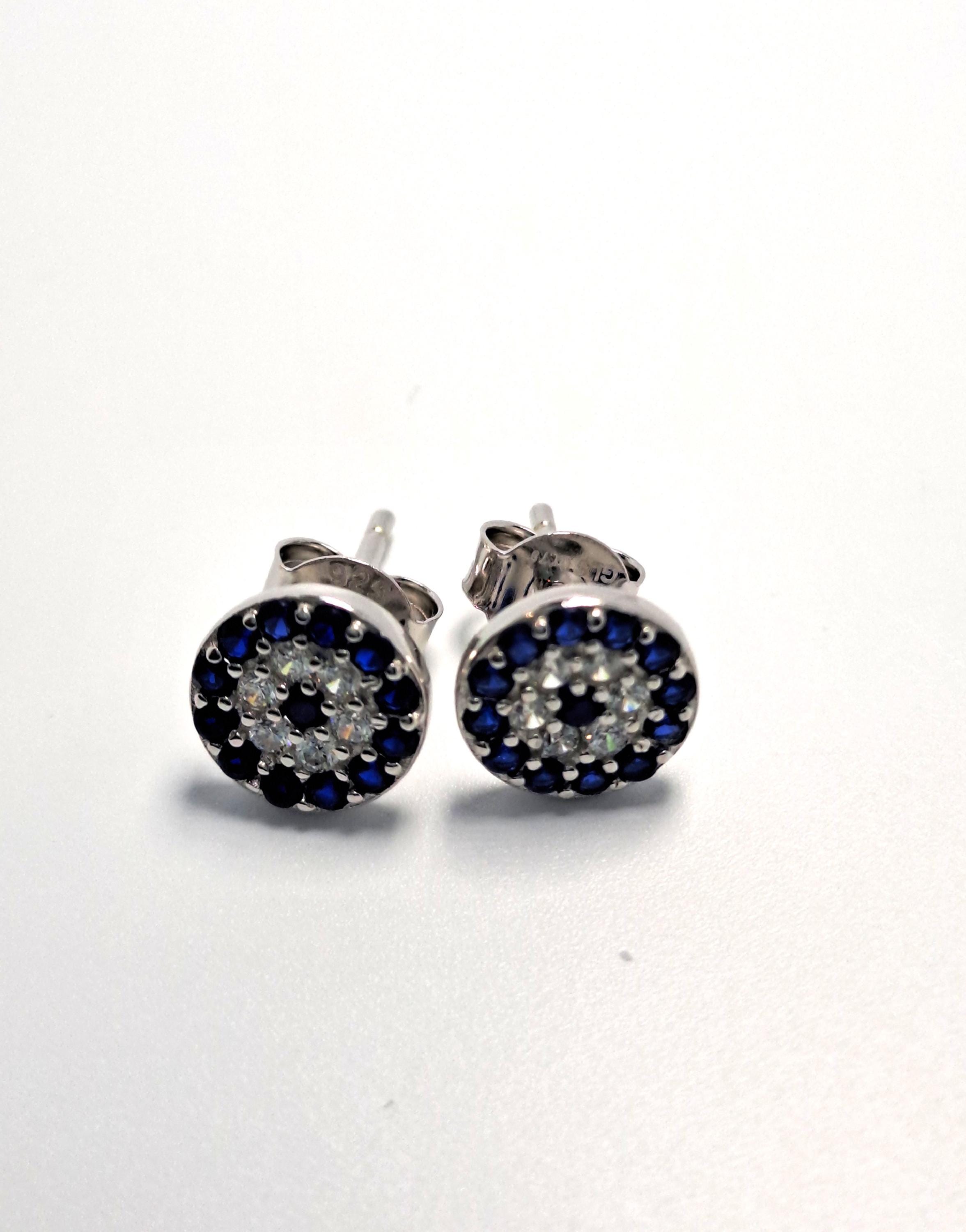 Evil Eye Stud Earrings - Blue Zirconia, Silver Tone, Sapphire Halo Protection Jewelry