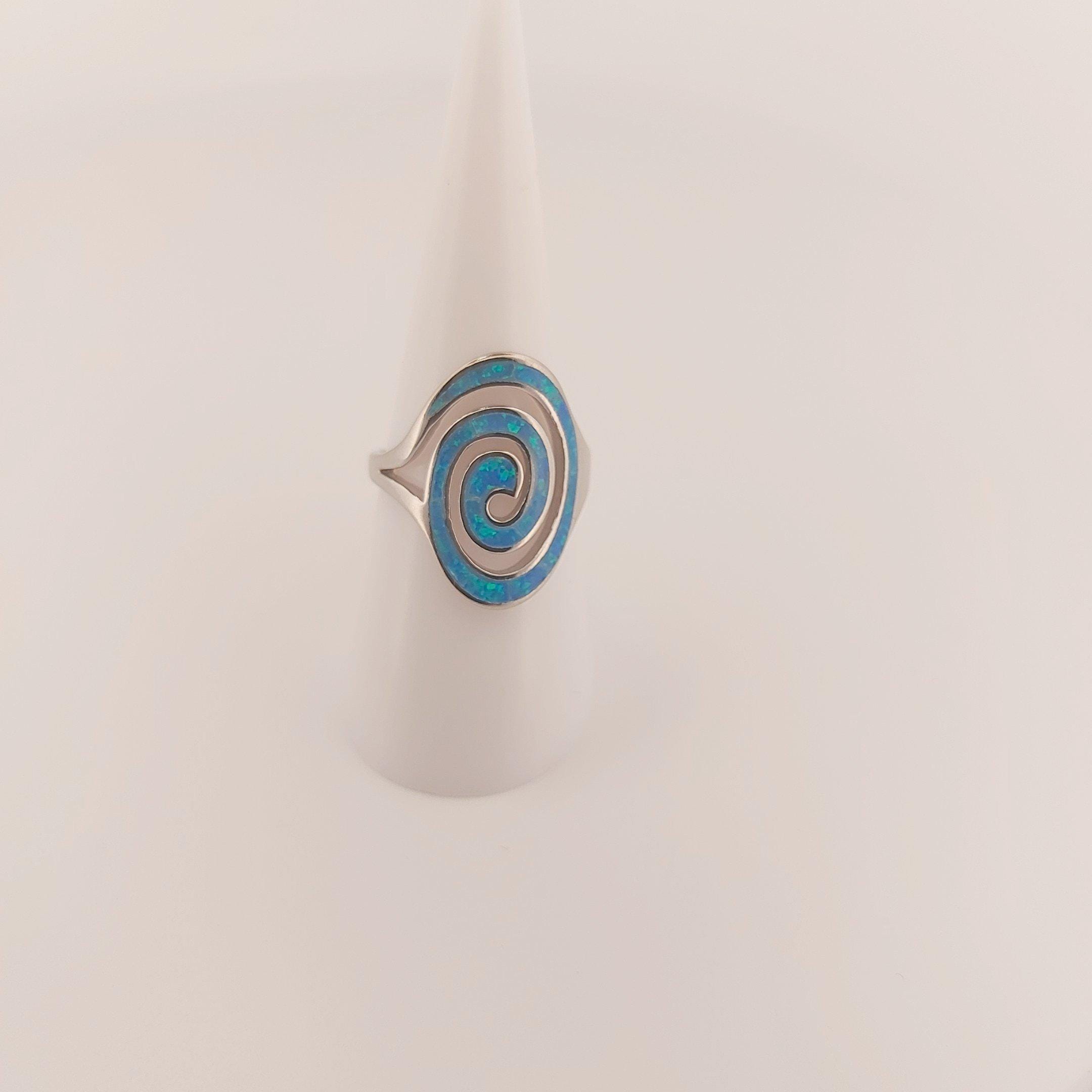 Blue Opal Silver Ring, Greek Key Spiral Design, Statement Ring