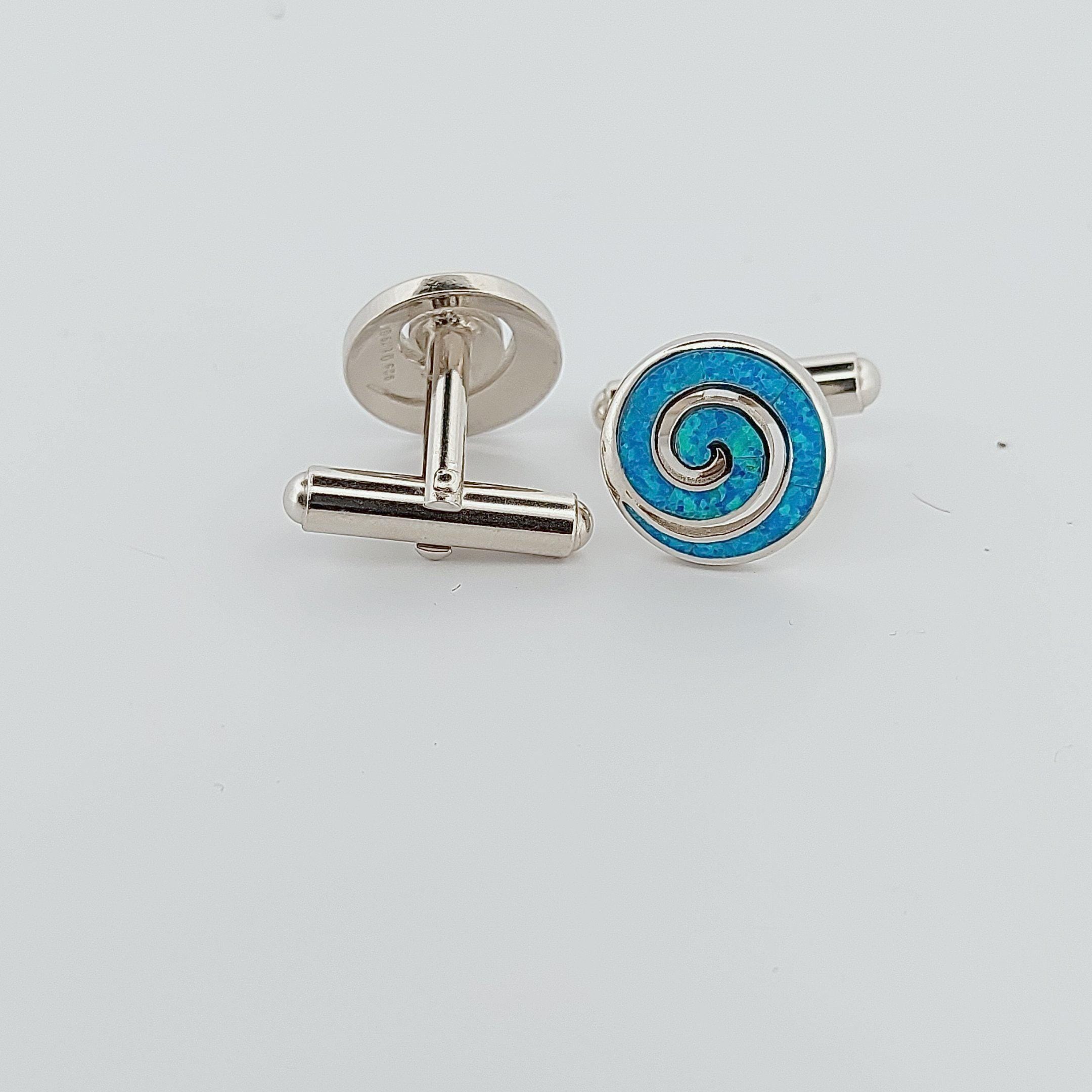 Blue Opal Greek Key Cufflinks, Sterling Silver, Meander Round Design, 925 Silver