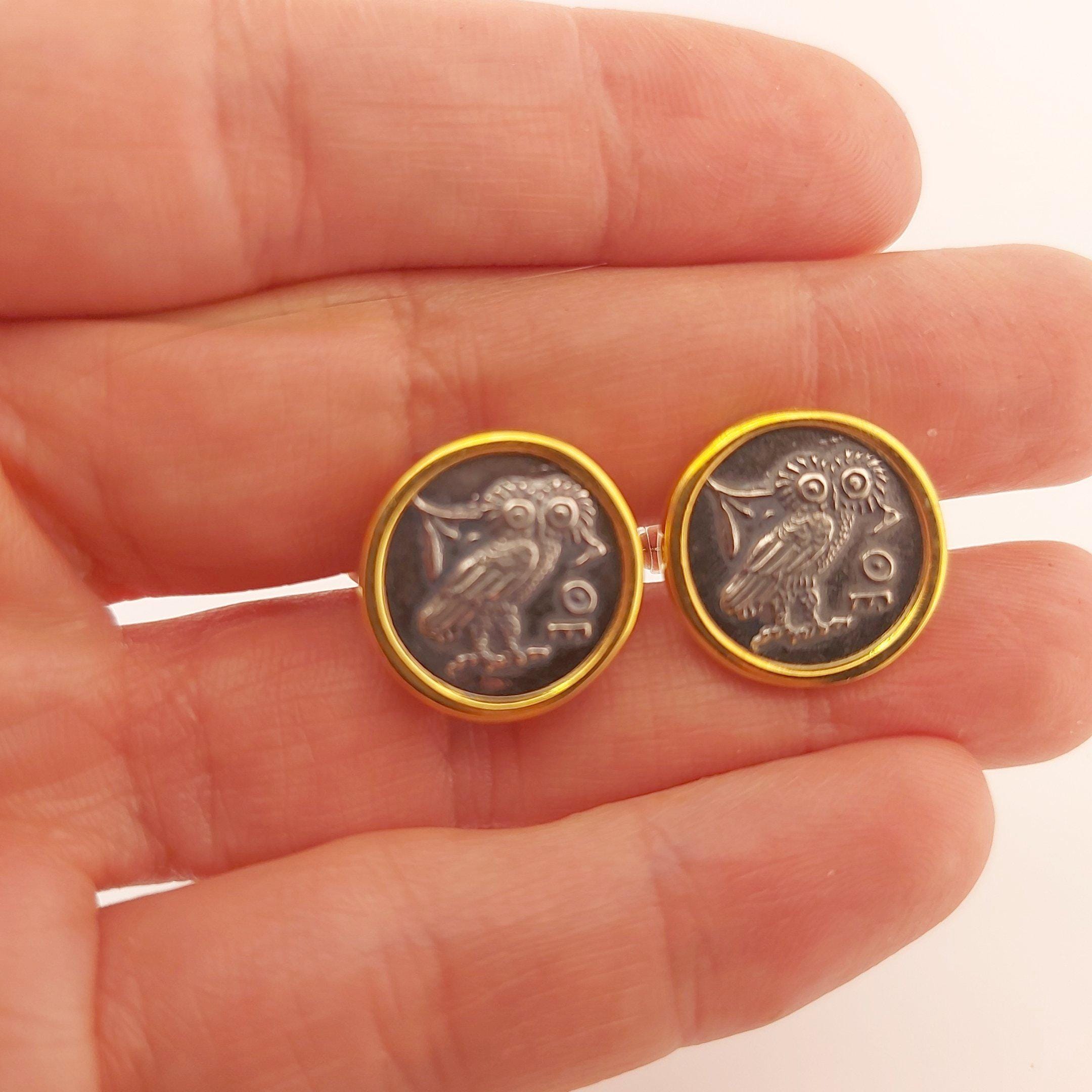 Athenian Owl Coin Cufflinks: Gold & Silver Plated, Ancient Greek Design
