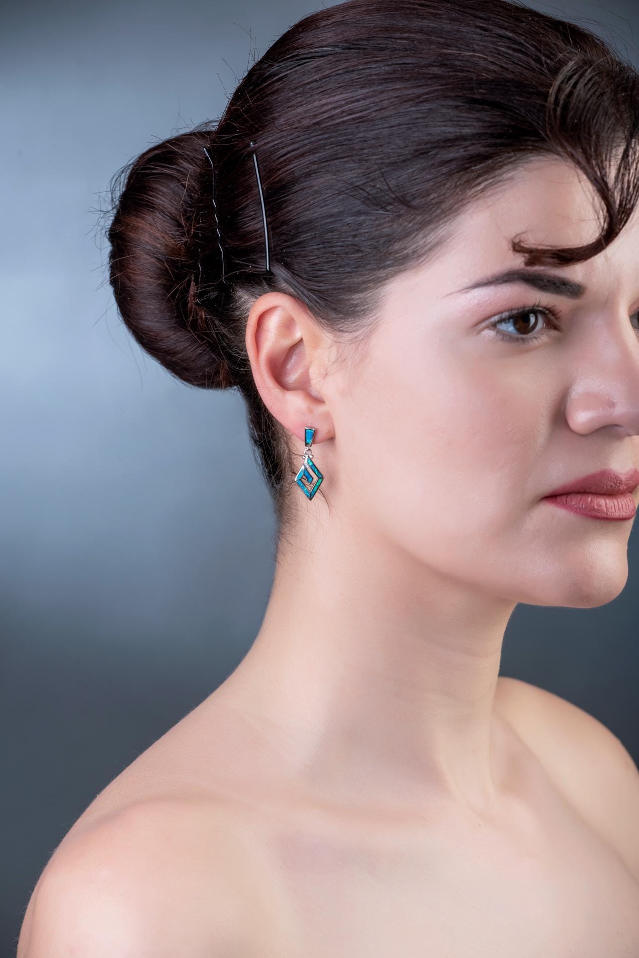 Blue Opal Sterling Silver Dangle Earrings: Greek Key Diamond Design