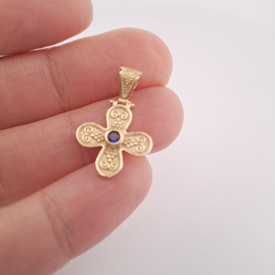 Gold Plated Cross Pendant – Byzantine Engraved Gemstone Necklace with Scroll Motif