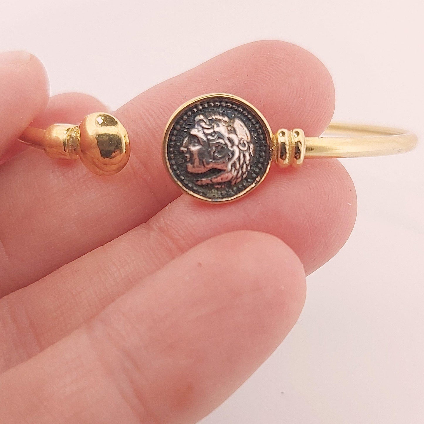 Alexander the Great Bracelet, Silver and Gold Plated, Greek Coin Bangle