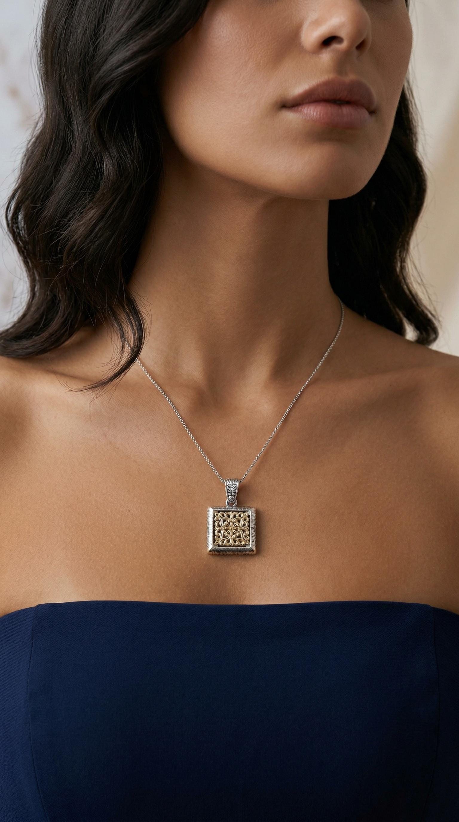 Byzantine Square Pendant – Two Tone Necklace With Ornate Cross Art Design