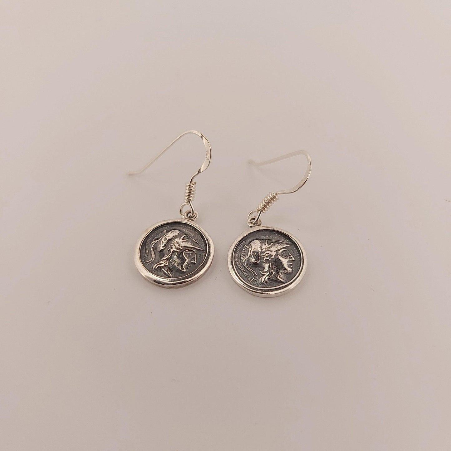 Greek Goddess Athena Dangle Earrings, Silver Coin Design, Antique Style