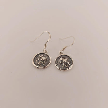 Greek Goddess Athena Dangle Earrings, Silver Coin Design, Antique Style