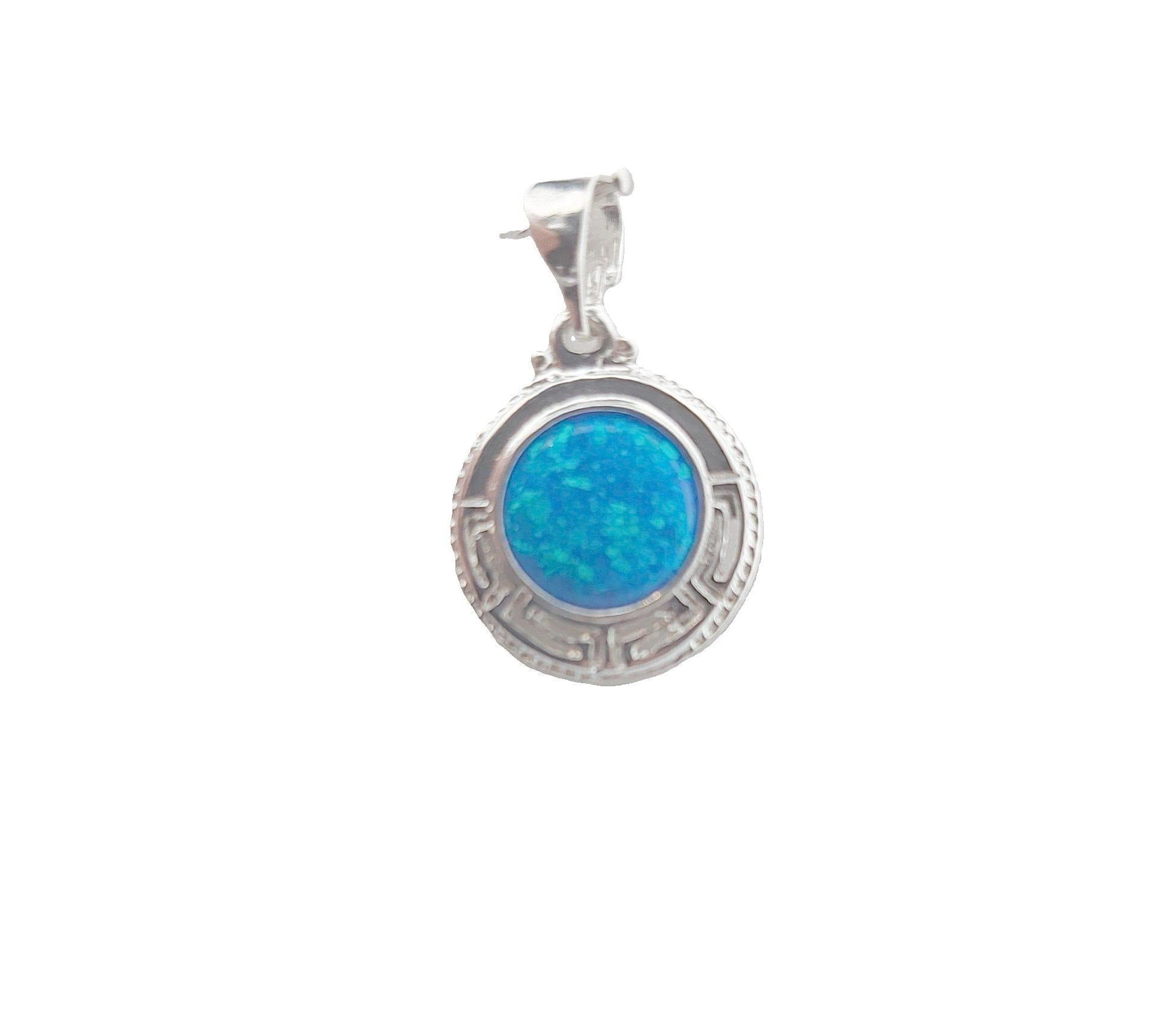 Blue Opal Silver Pendant: Greek Key Necklace