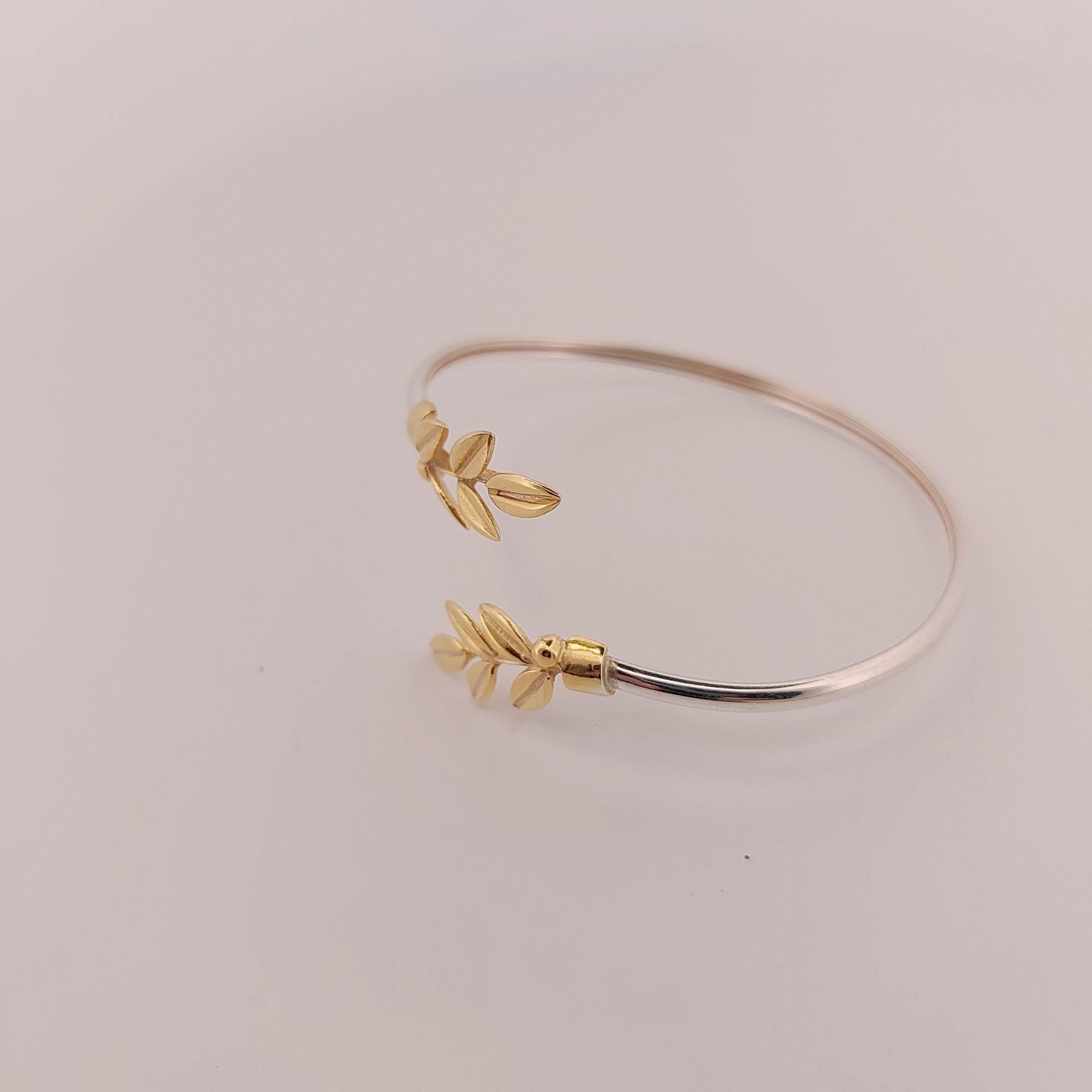 Olive Leaf Bracelet, Silver and Gold Plated Bangle, Greek Inspired Design, Leaf Motif