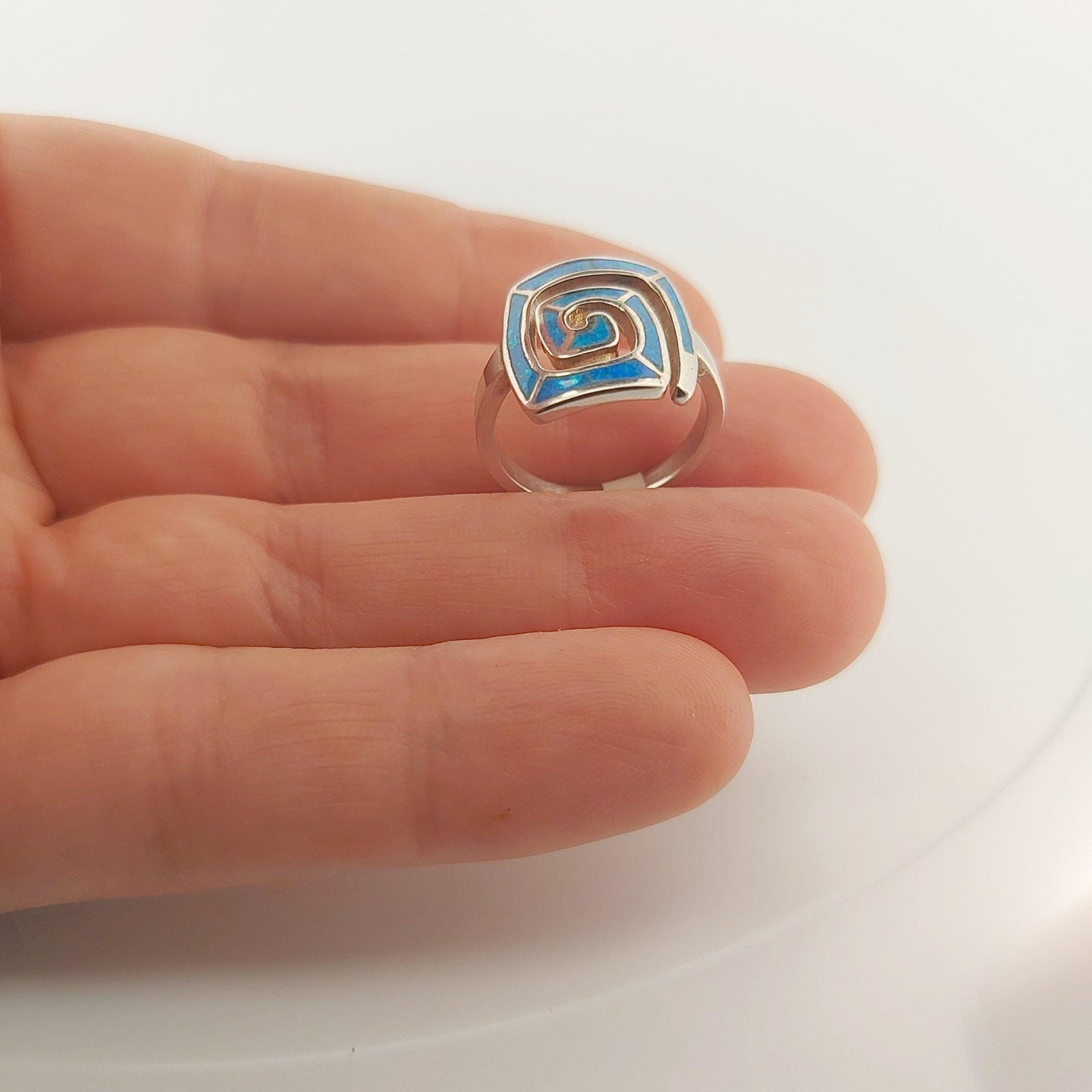 Sterling Silver Blue Opal Ring, Greek Key Meander Design, Rectangle Statement Ring