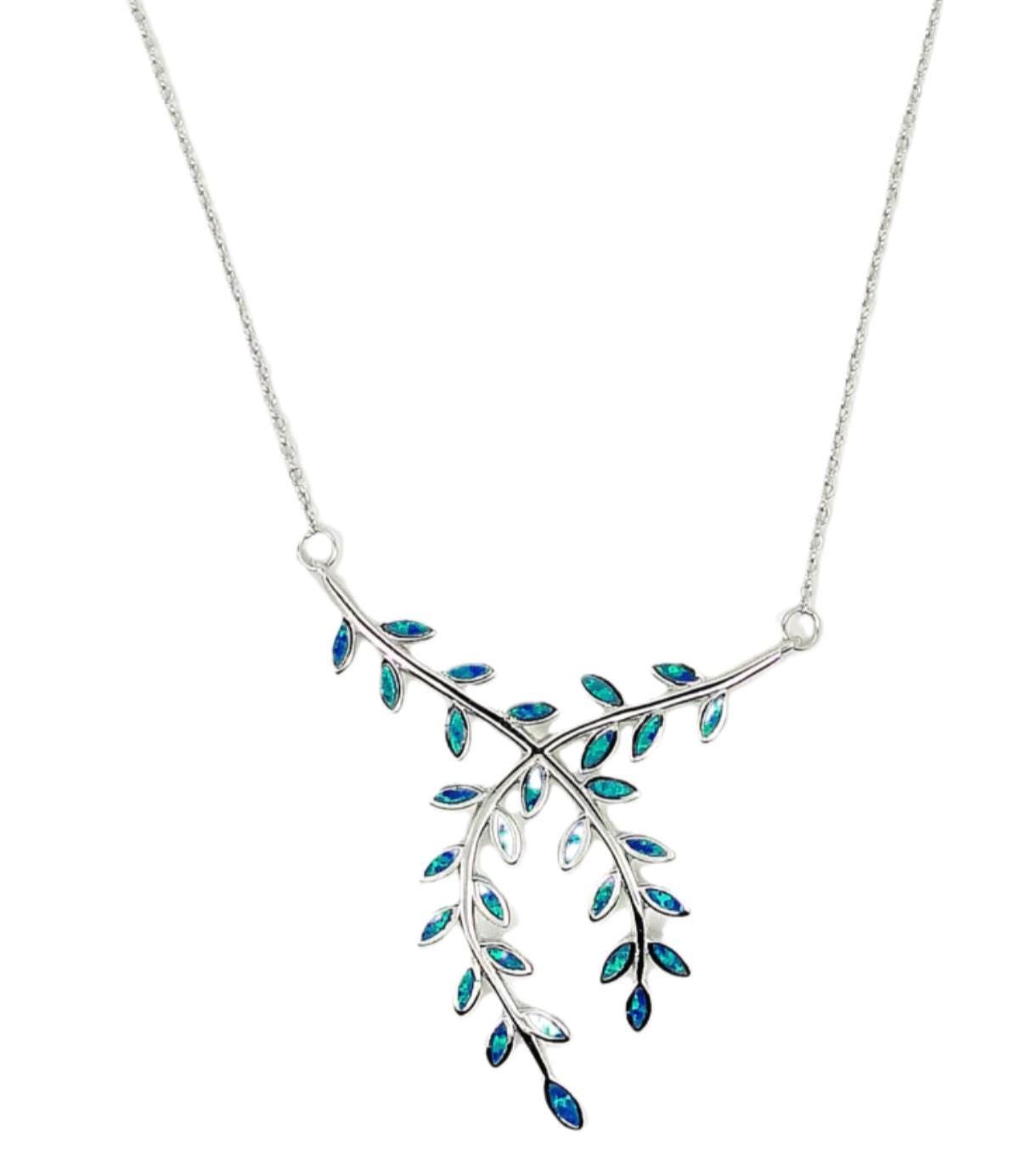 Blue Opal Olive Branch Necklace: Sterling Silver Nature Jewelry