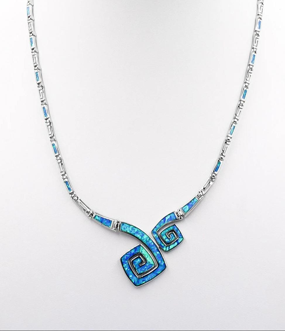 Blue Opal Greek Key Necklace, Sterling Silver Meander Design, Spiral Pattern