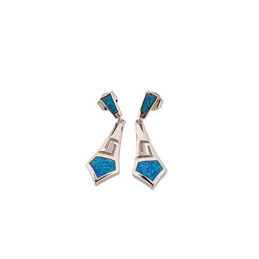 Sterling Silver Blue Opal Dangle Earrings: Greek Key Diamond Design