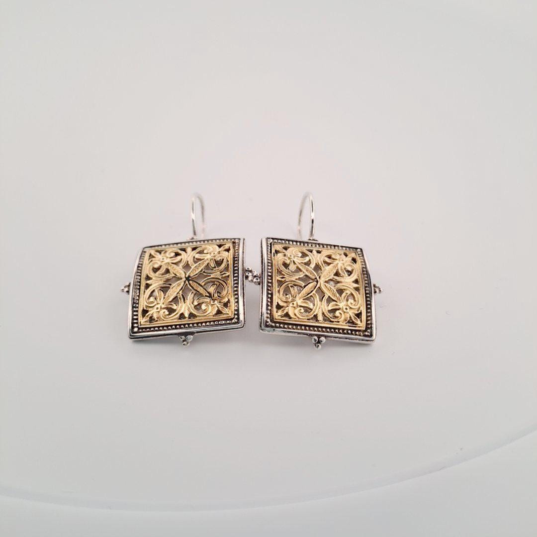Square Filigree Earrings – Two Tone Earrings | Byzantine Inspired Jewelry