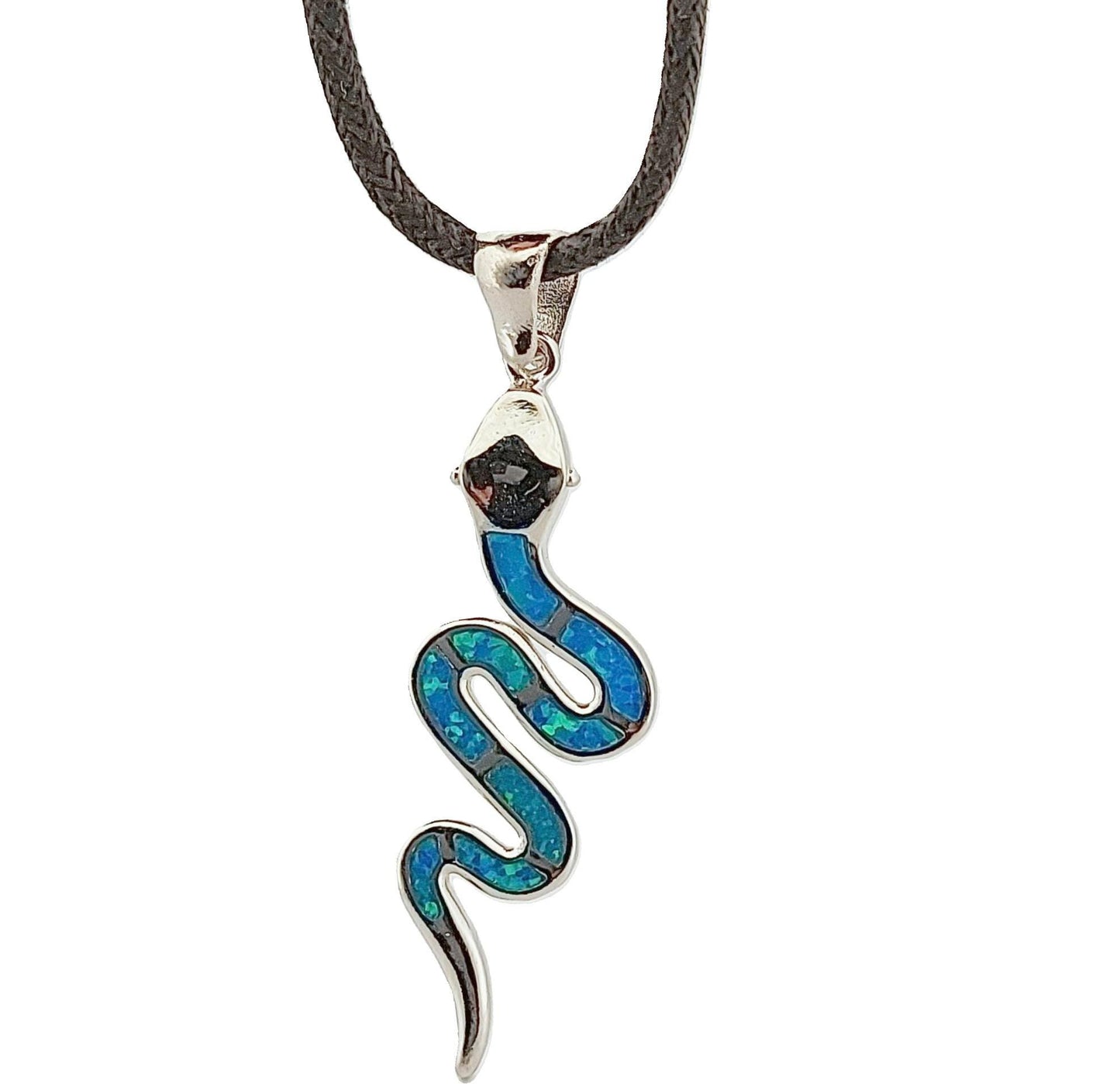 Sterling Silver 925 Snake Pendant with Blue Opal Inlay