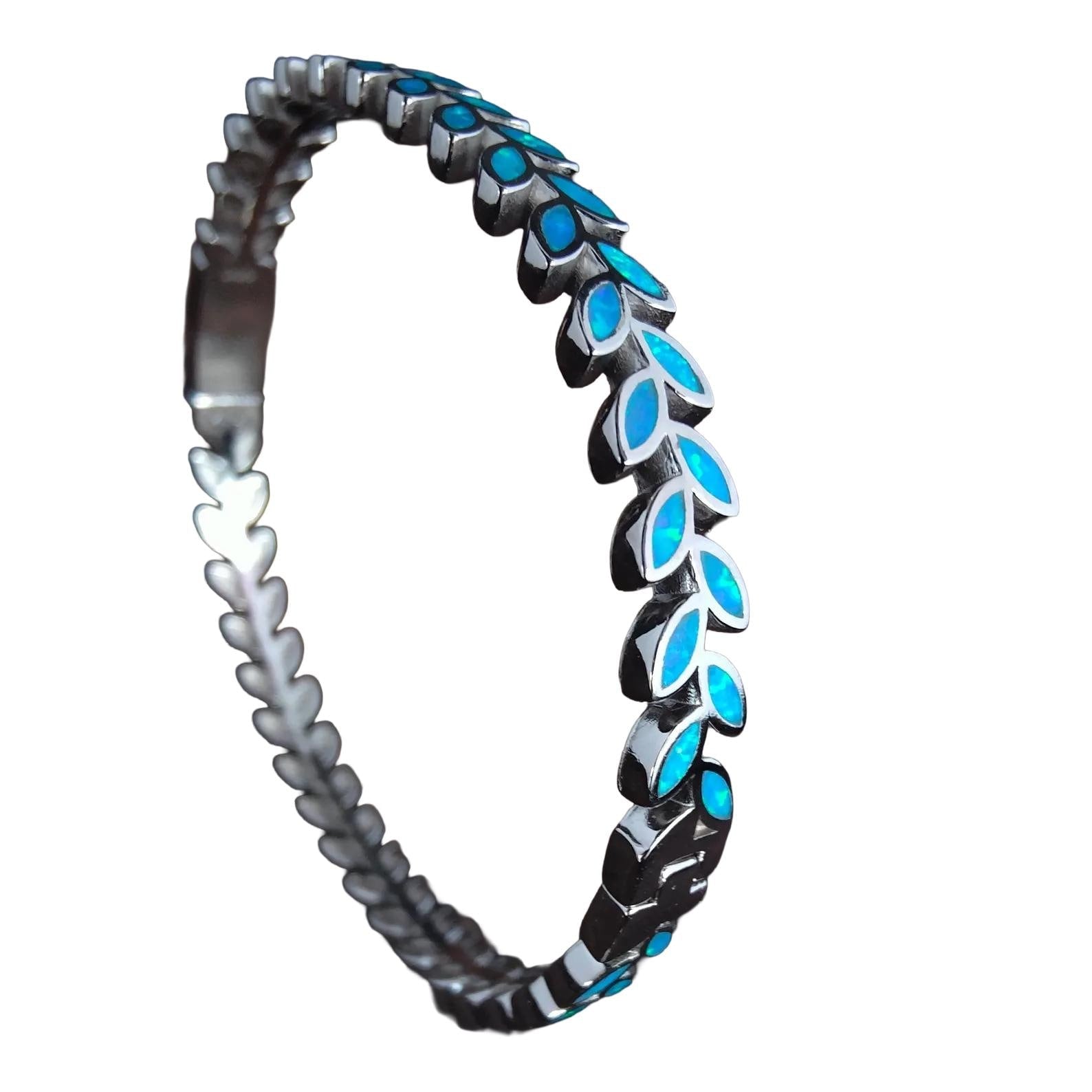 Blue Opal Olive Branch Bracelet, Sterling Silver Greek Style Bangle
