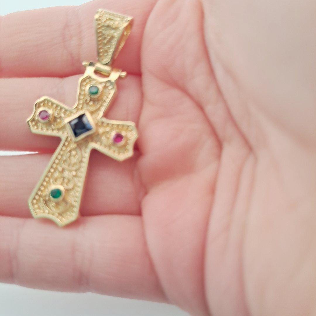 Gold Plated Cross Pendant – Byzantine Cross Jewelry with Blue Gemstone & Antique Style