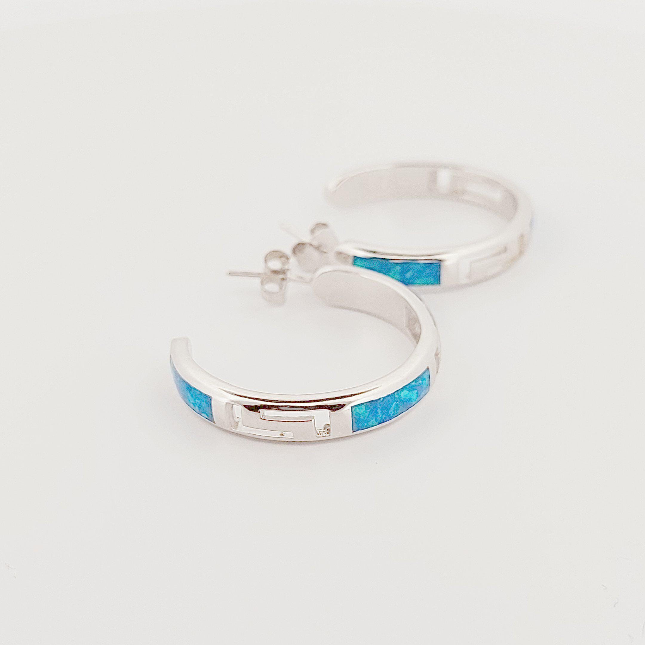 Sterling Silver Opal Hoop Earrings, Greek Key Meander Design