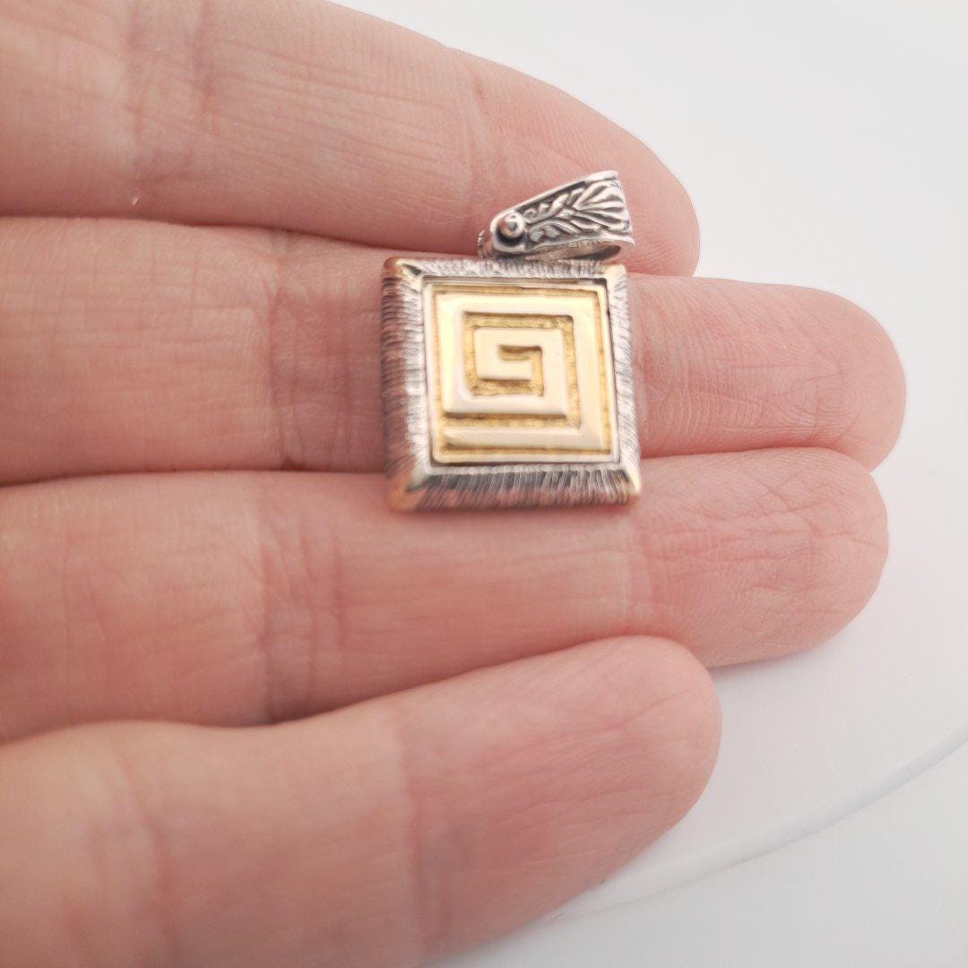 Greek Key Pendant – Two Tone Necklace | Square Gold Plated Silver Jewelry