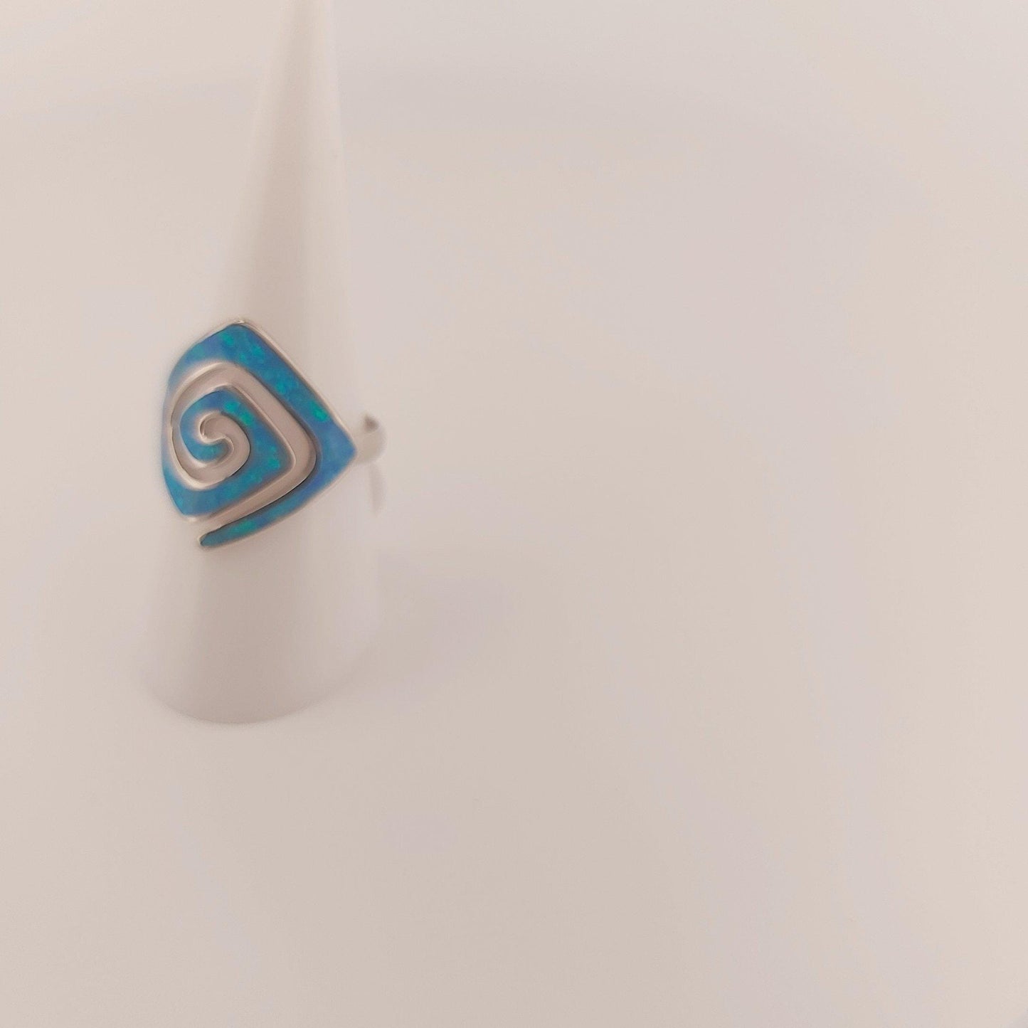 Blue Opal Rhombus Ring, Greek Key Meander Design, Sterling Silver