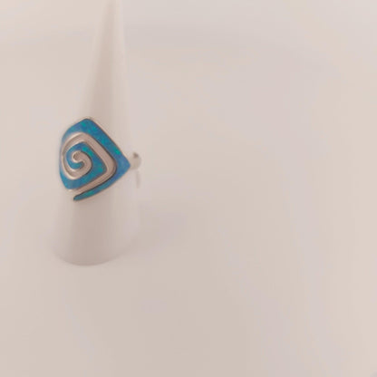 Blue Opal Rhombus Ring, Greek Key Meander Design, Sterling Silver