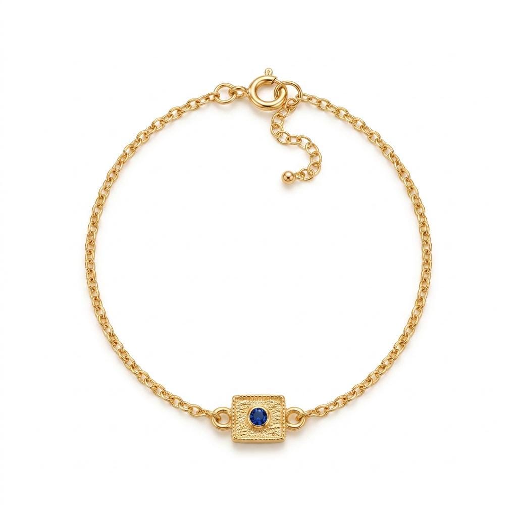 Gold Plated Bracelet – Sterling Silver Byzantine Design With Blue Gemstone Charm