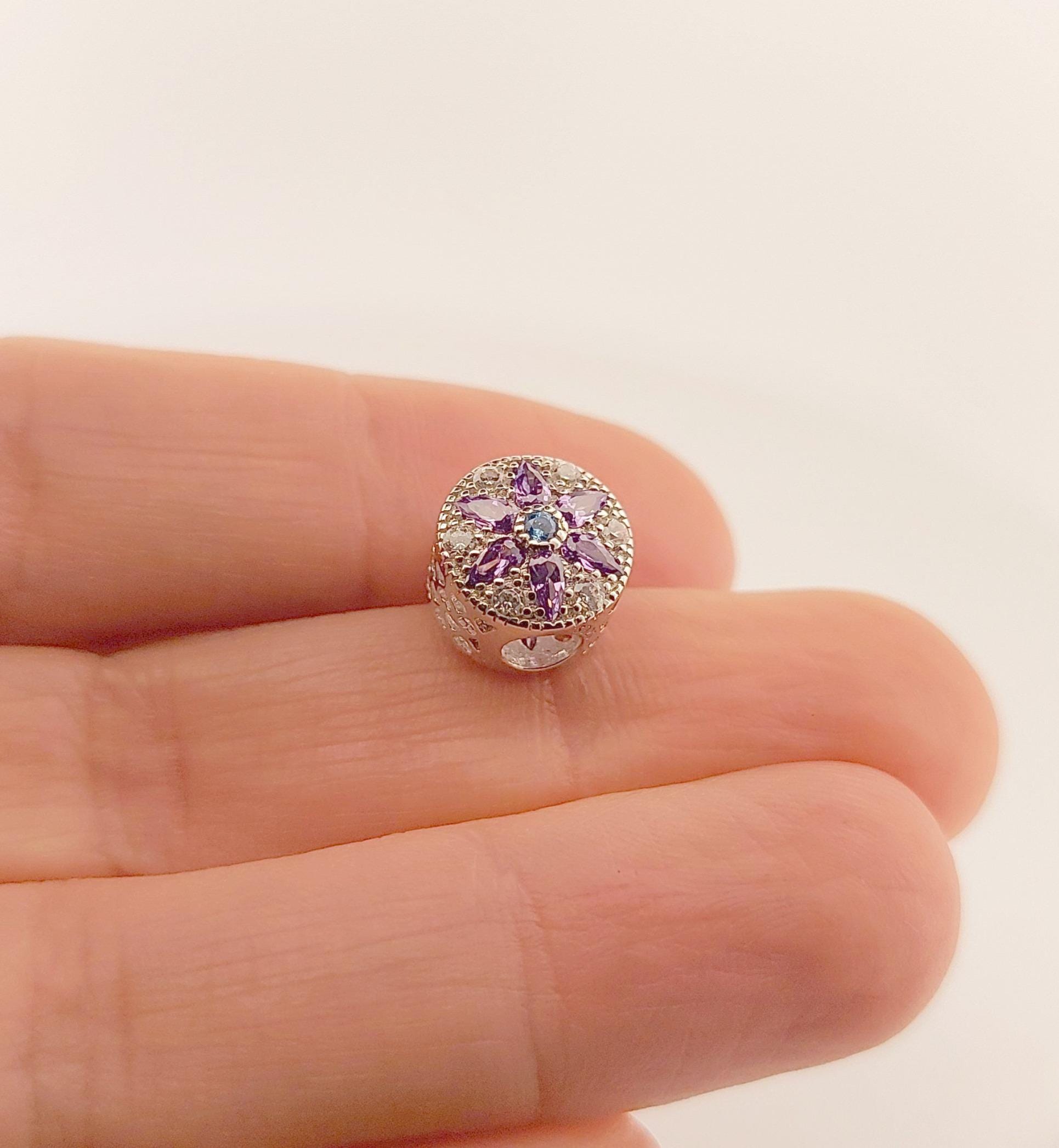 Purple Opal Flower Charm Bead: Sterling Silver Greek Design