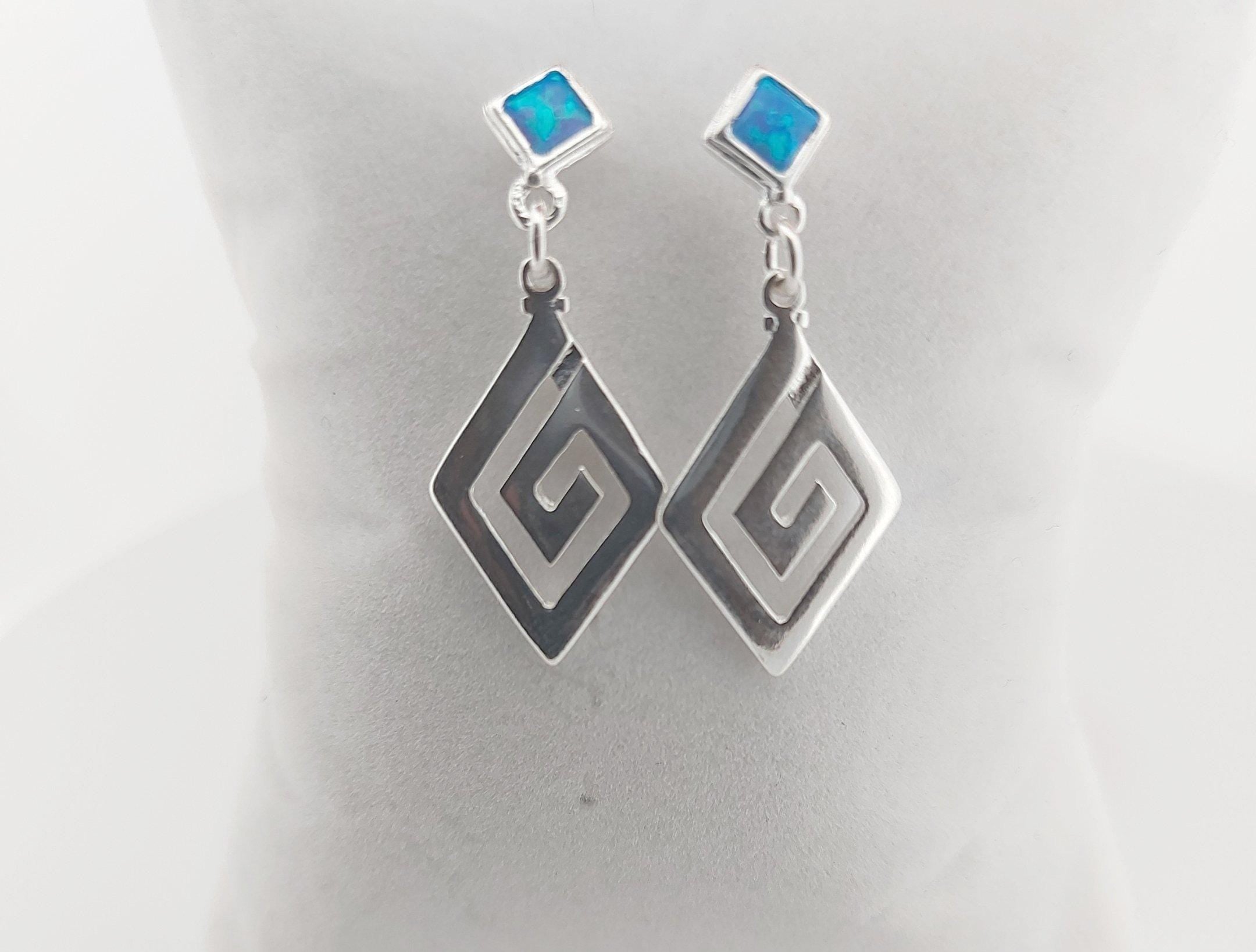 Blue Opal Greek Key Earrings: Sterling Silver Diamond Dangle, Handmade in Greece