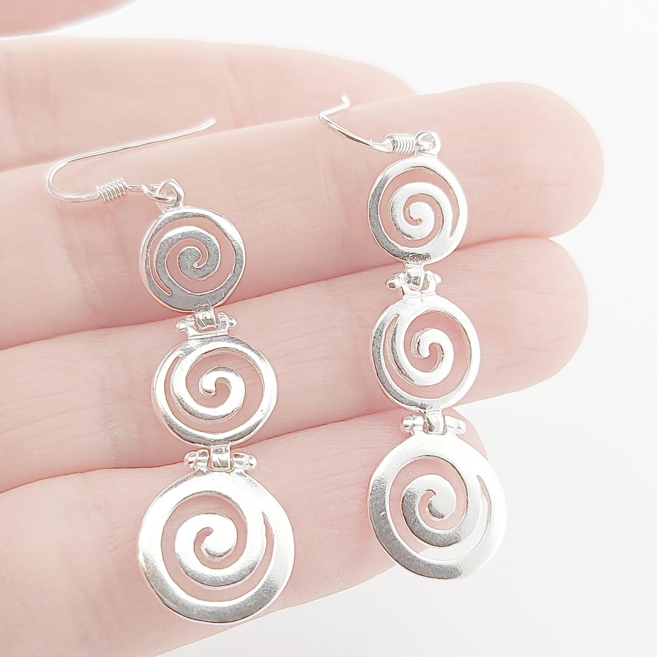 Sterling Silver Spiral Dangle Earrings: Greek Key Meandros Design