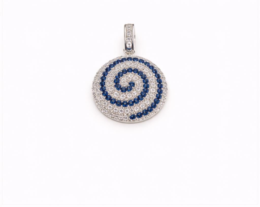 Silver Spiral Pendant | Greek Key Necklace With Blue Zirconia Stones