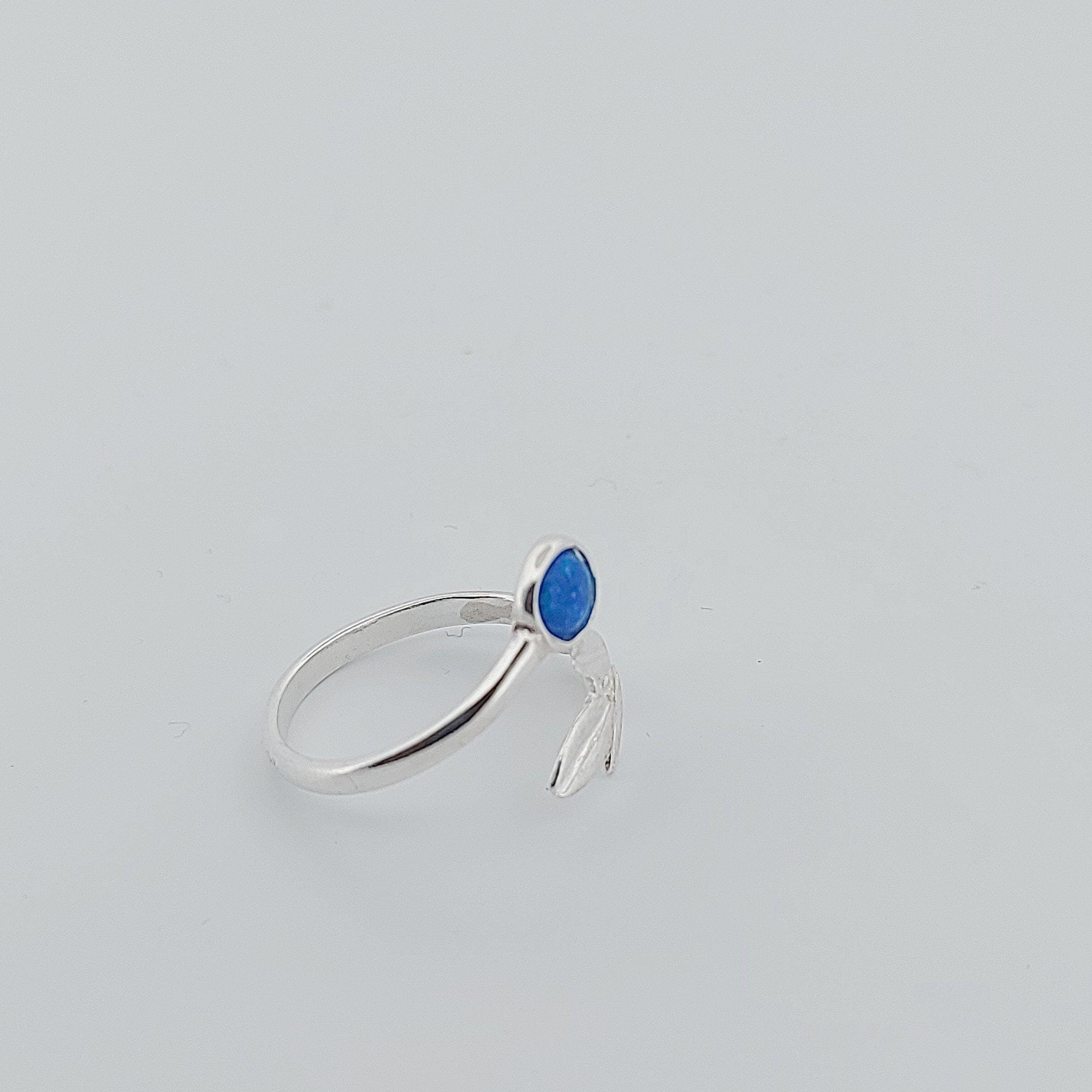 Silver Blue Opal Ring with Olive Leaf Design, Greek Collection, 925 Silver