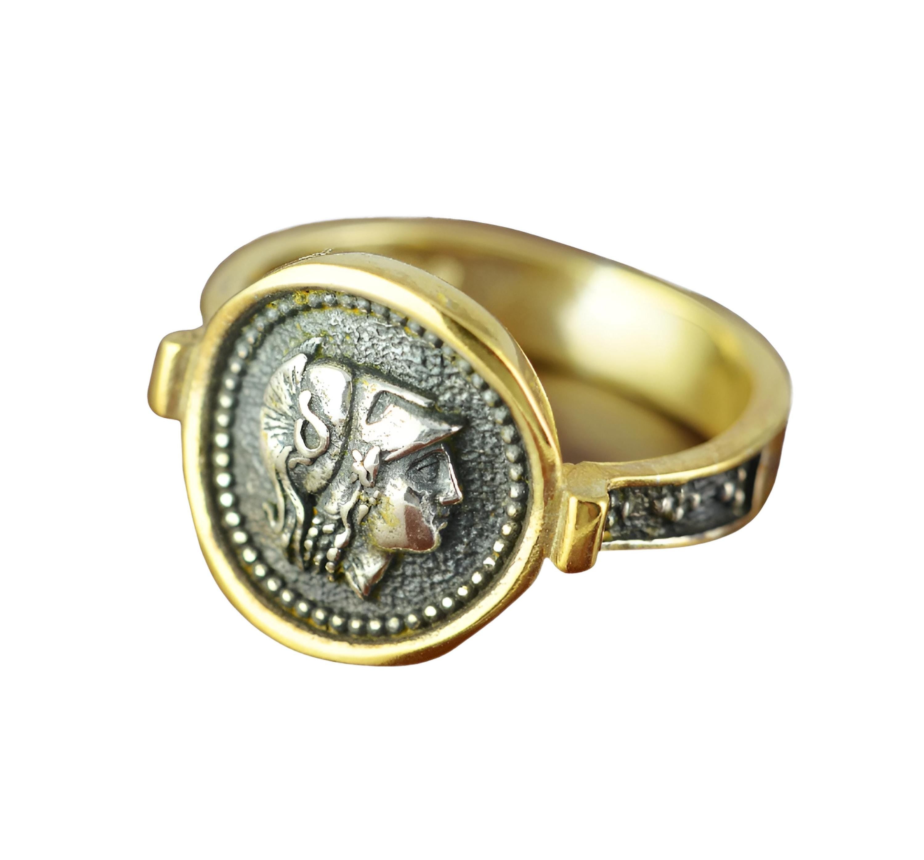 Goddess Athena Signet Ring, Sterling Silver Gold Plated, Greek Mythology Design