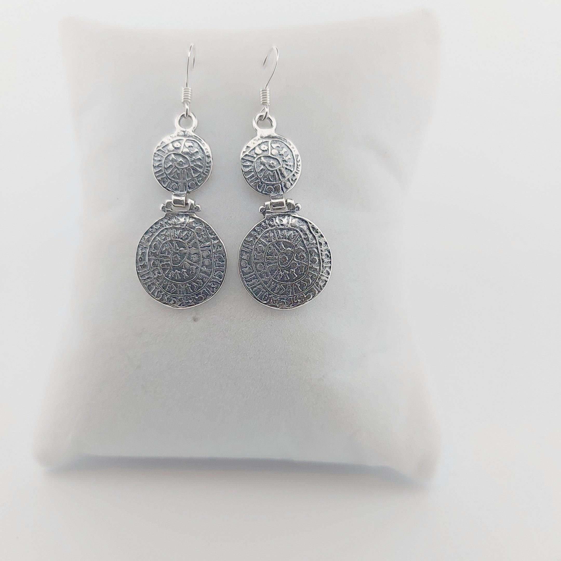 Sterling Silver Phaistos Disc Earrings: Ancient Greek Double Drop