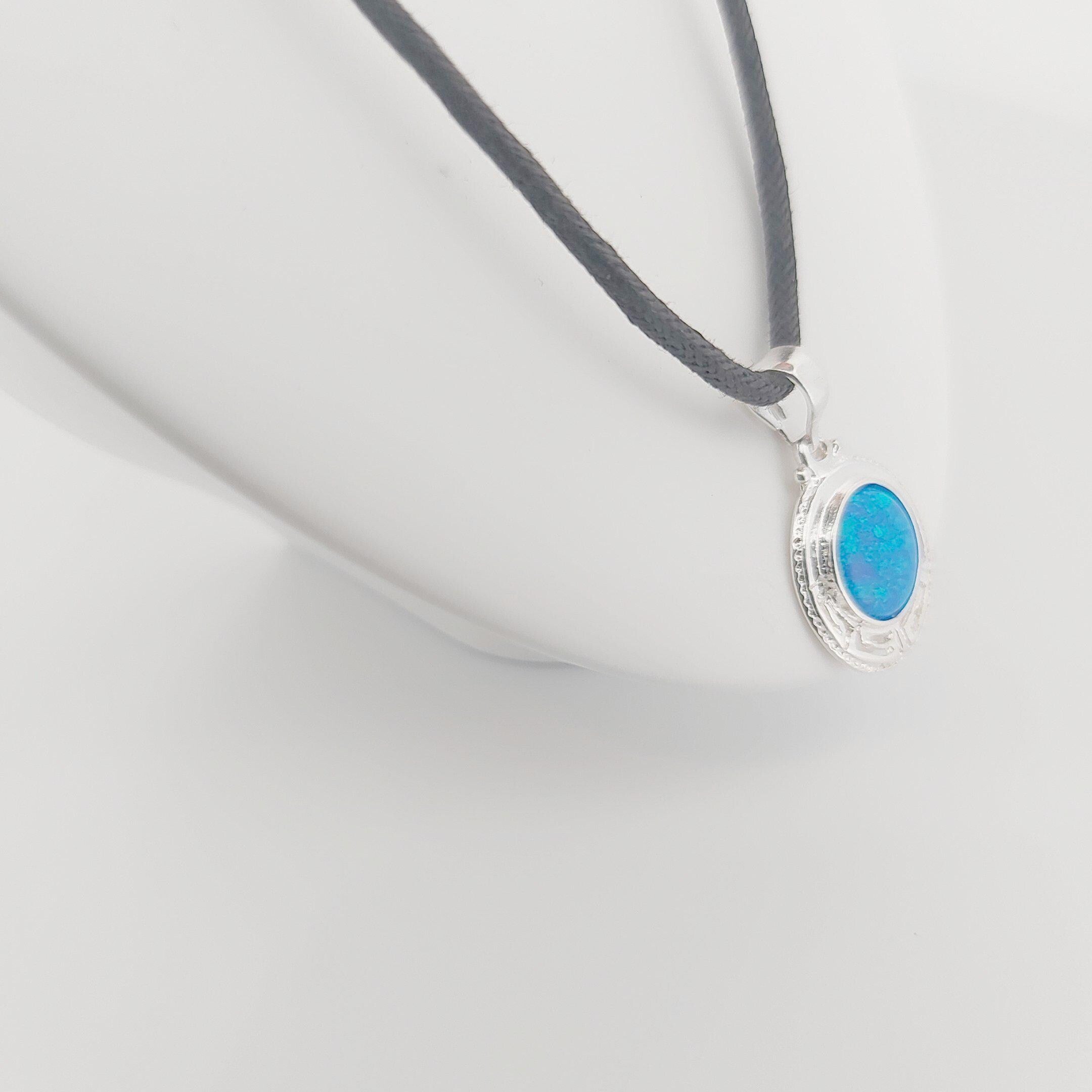 Blue Opal Silver Pendant: Greek Key Necklace