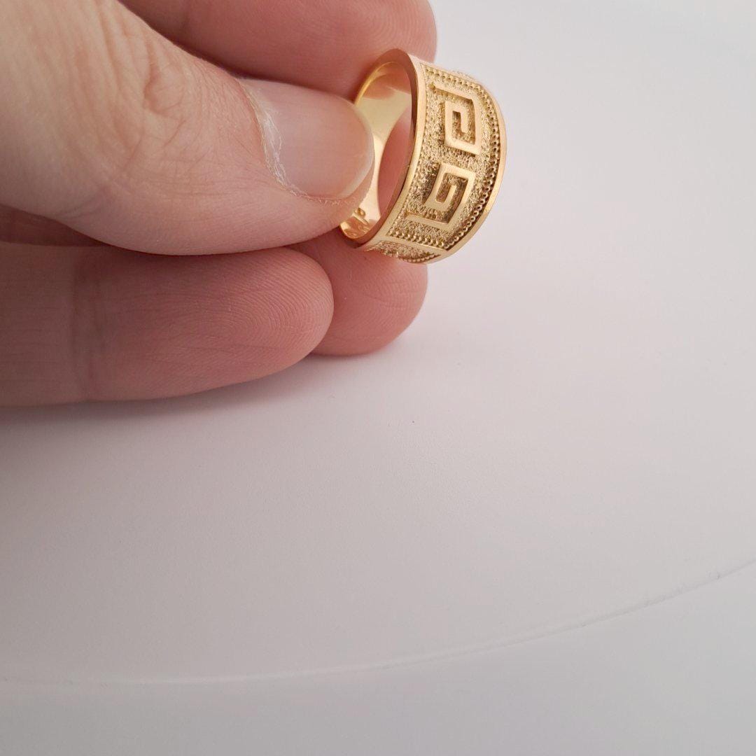 Greek Key Ring – Gold Plated Sterling Silver Wide Band Byzantine Meander Jewelry