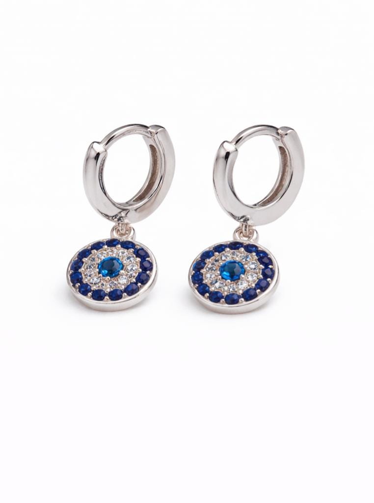 Evil Eye Hoop Earrings Sterling Silver With Blue White Zirconia Charm Hoops