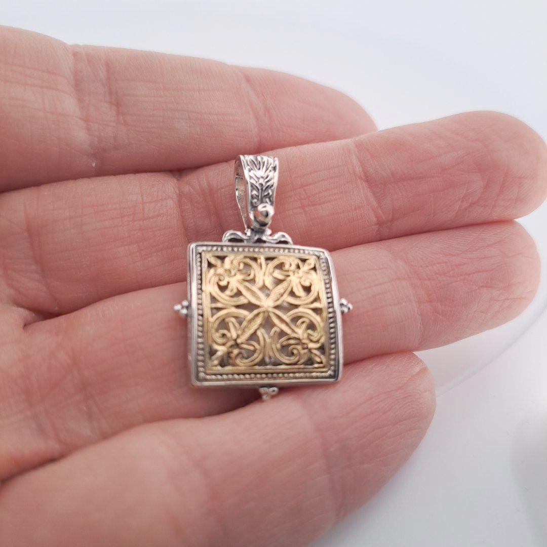 Byzantine Pendant Necklace – Gold Silver Rectangular Filigree Charm, Heritage Style Jewelry