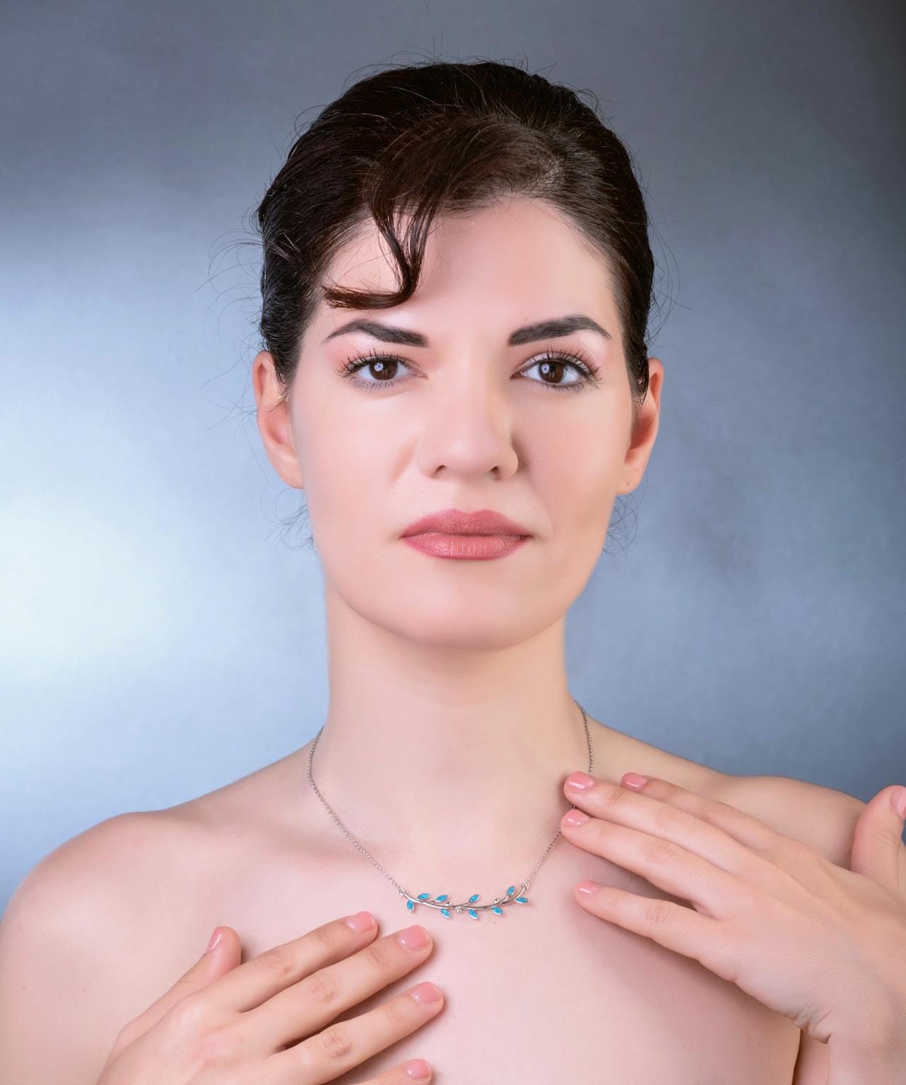 Silver Blue Opal Olive Branch Leaf Pendant Necklace, Greek Mythology Inspired Design